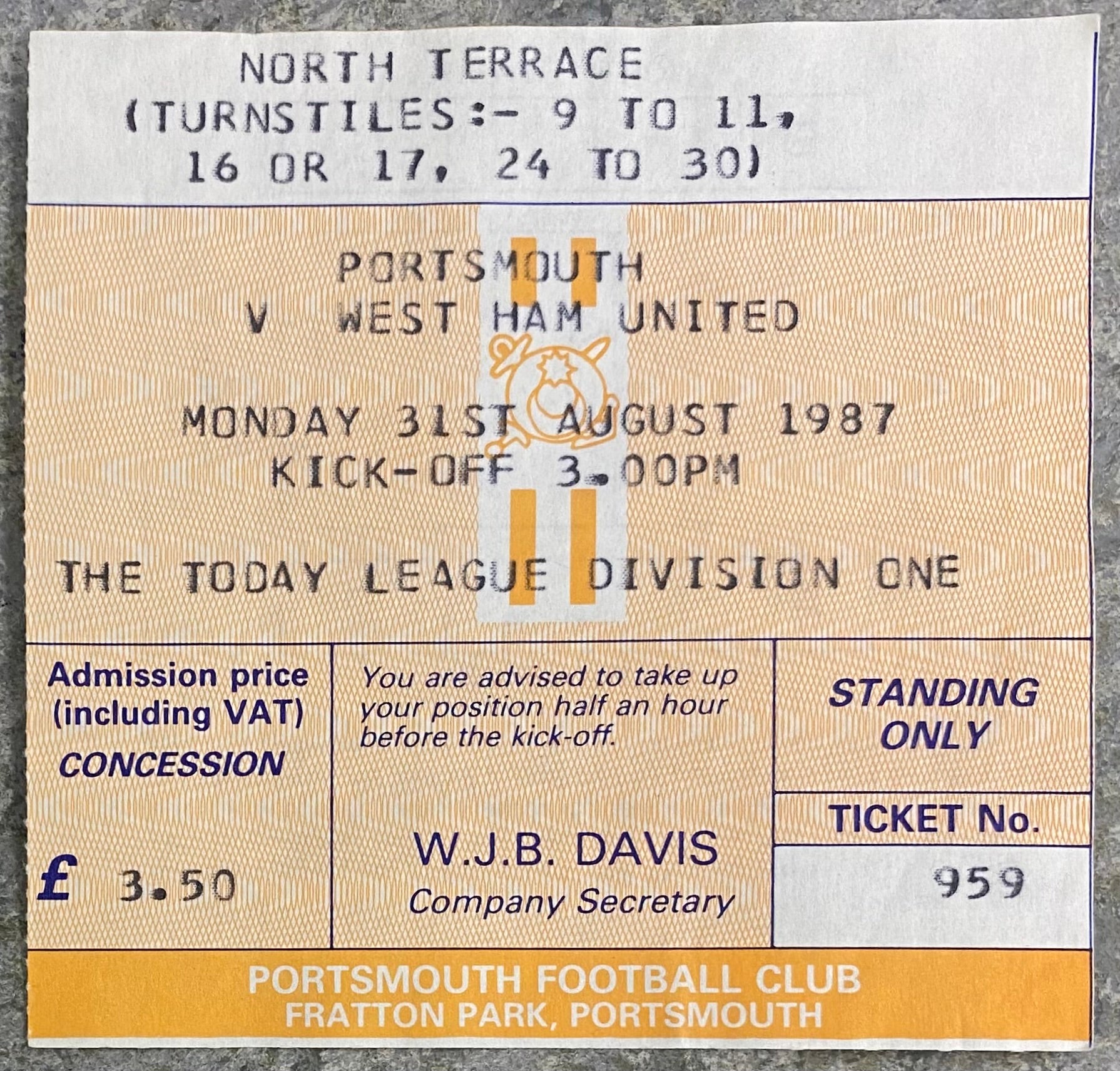 1987/88 ORIGINAL DIVISION 1 TICKET PORTSMOUTH V WEST HAM UNITED