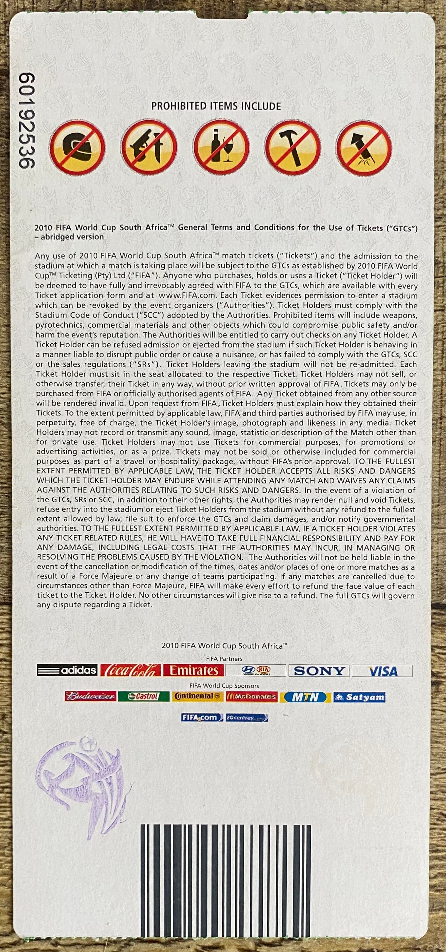 2010 ORIGINAL WORLD CUP 1ST ROUND TICKET GERMANY V SERBIA @ PORT ELIZABETH