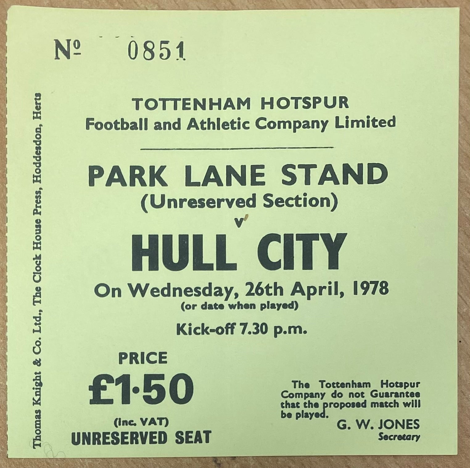 1977/78 ORIGINAL DIVISION TWO TICKET TOTTENHAM HOTSPUR V HULL CITY