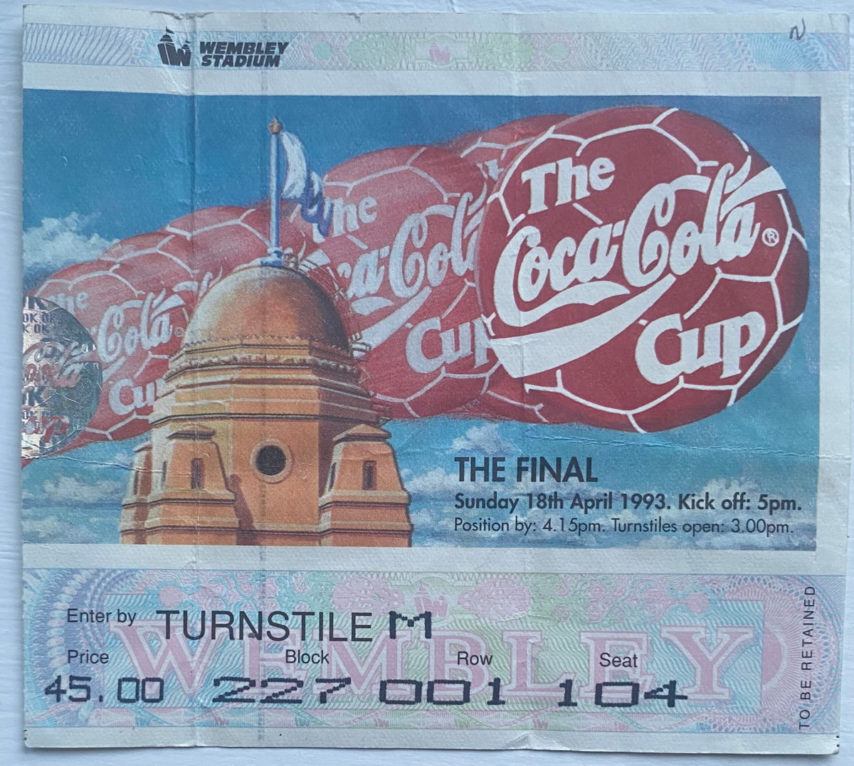 1993 ORIGINAL COCA COLA CUP FINAL TICKET ARSENAL V SHEFFIELD WEDNESDAY