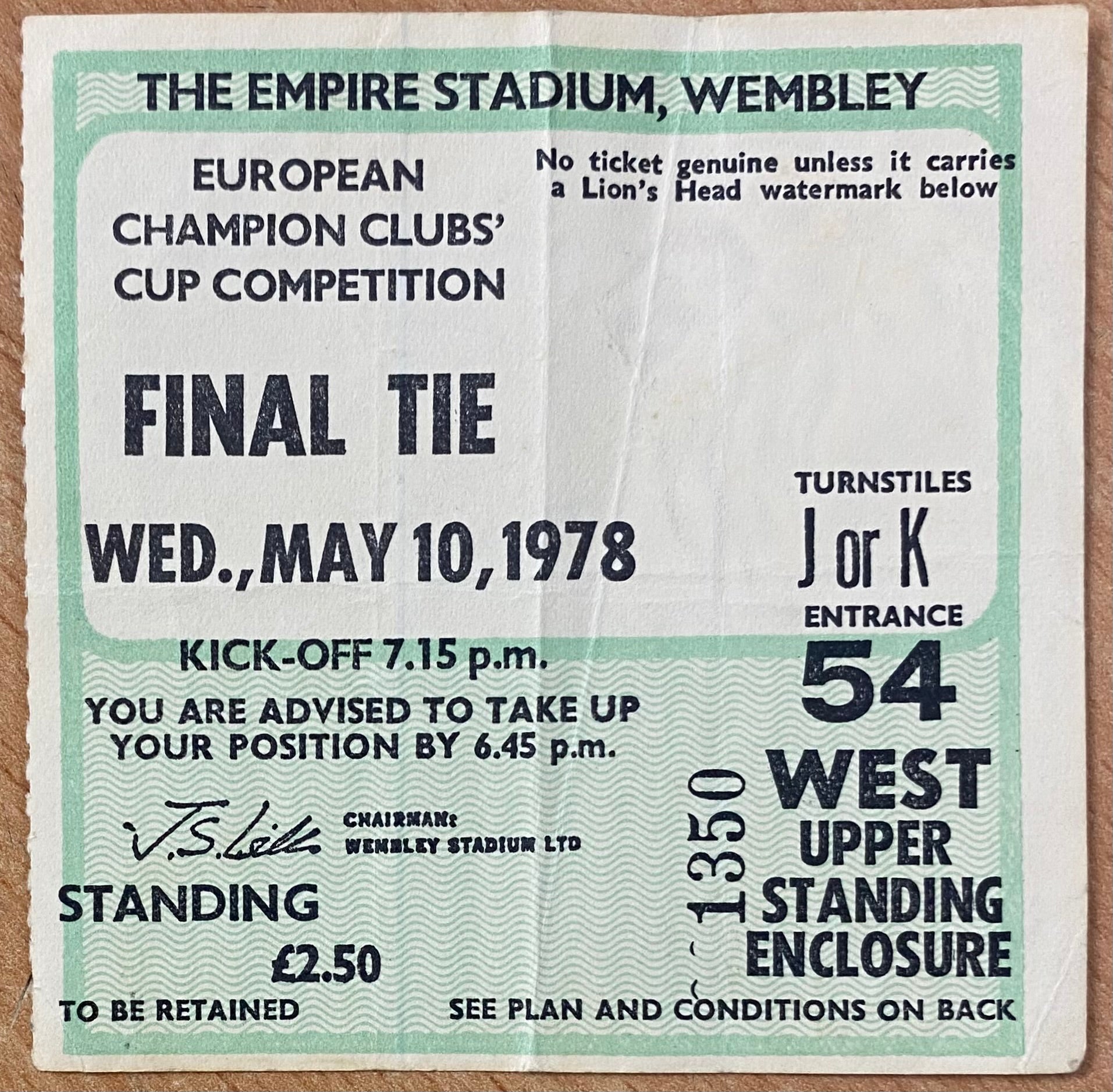 1978 ORIGINAL EUROPEAN CUP FINAL TICKET LIVERPOOL V FC BRUGES @ WEMBLEY