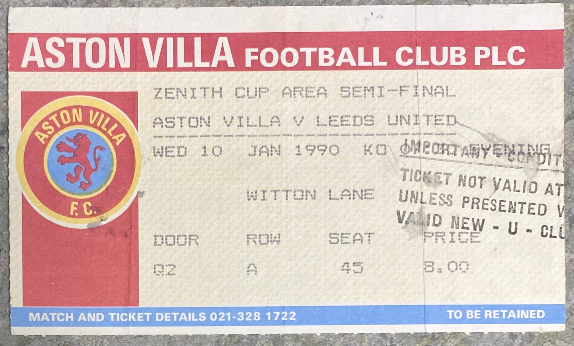 1989/90 ORIGINAL ZENITH DATA SYSTEMS CUP SEMI FINAL TICKET ASTON VILLA V LEEDS UNITED
