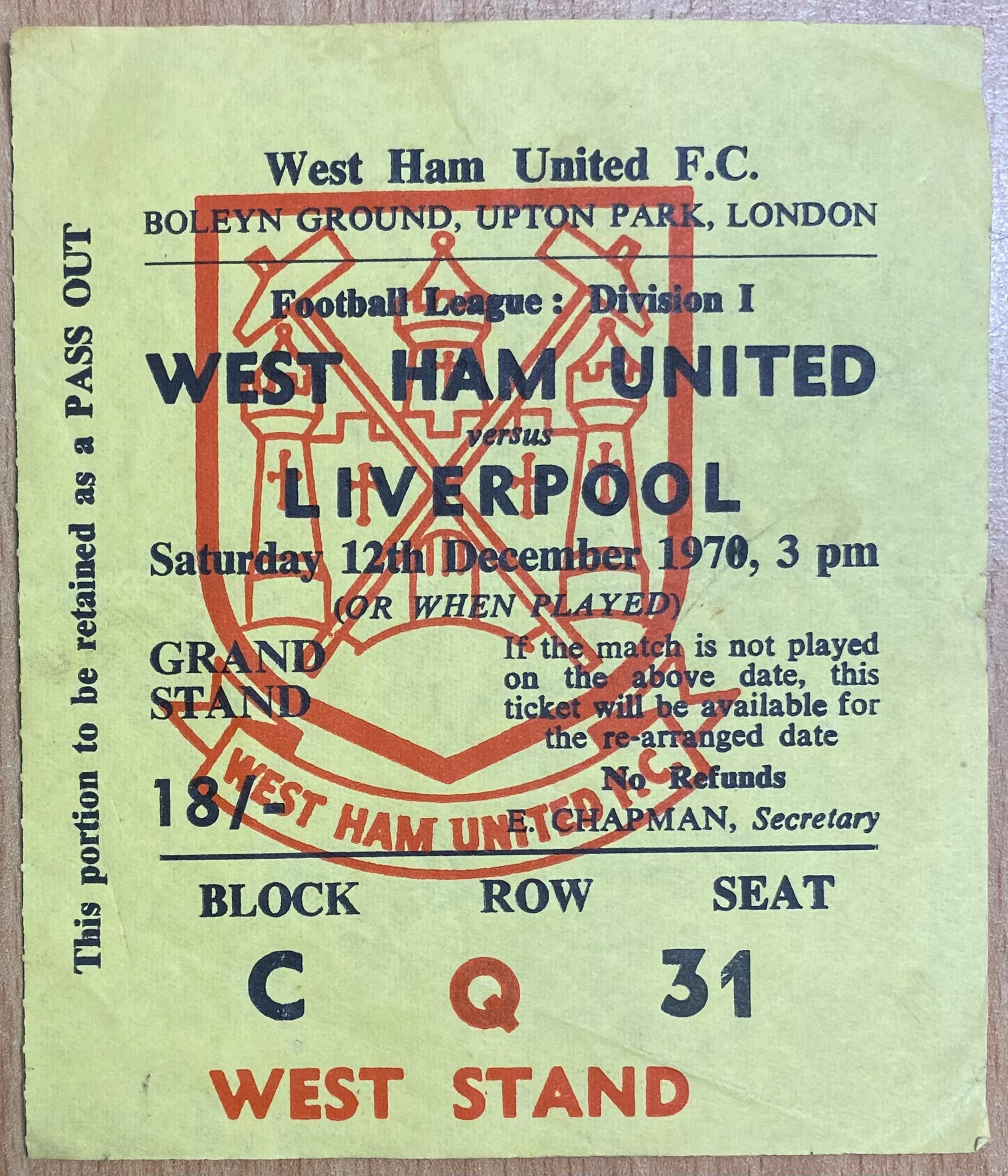1970/71 ORIGINAL DIVISION 1 TICKET WEST HAM UNITED V LIVERPOOL