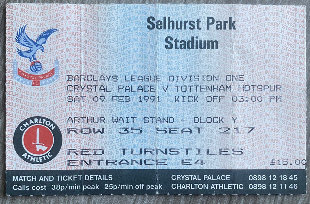 1990/91 ORIGINAL DIVISION ONE TICKET CRYSTAL PALACE V TOTTENHAM HOTSPUR