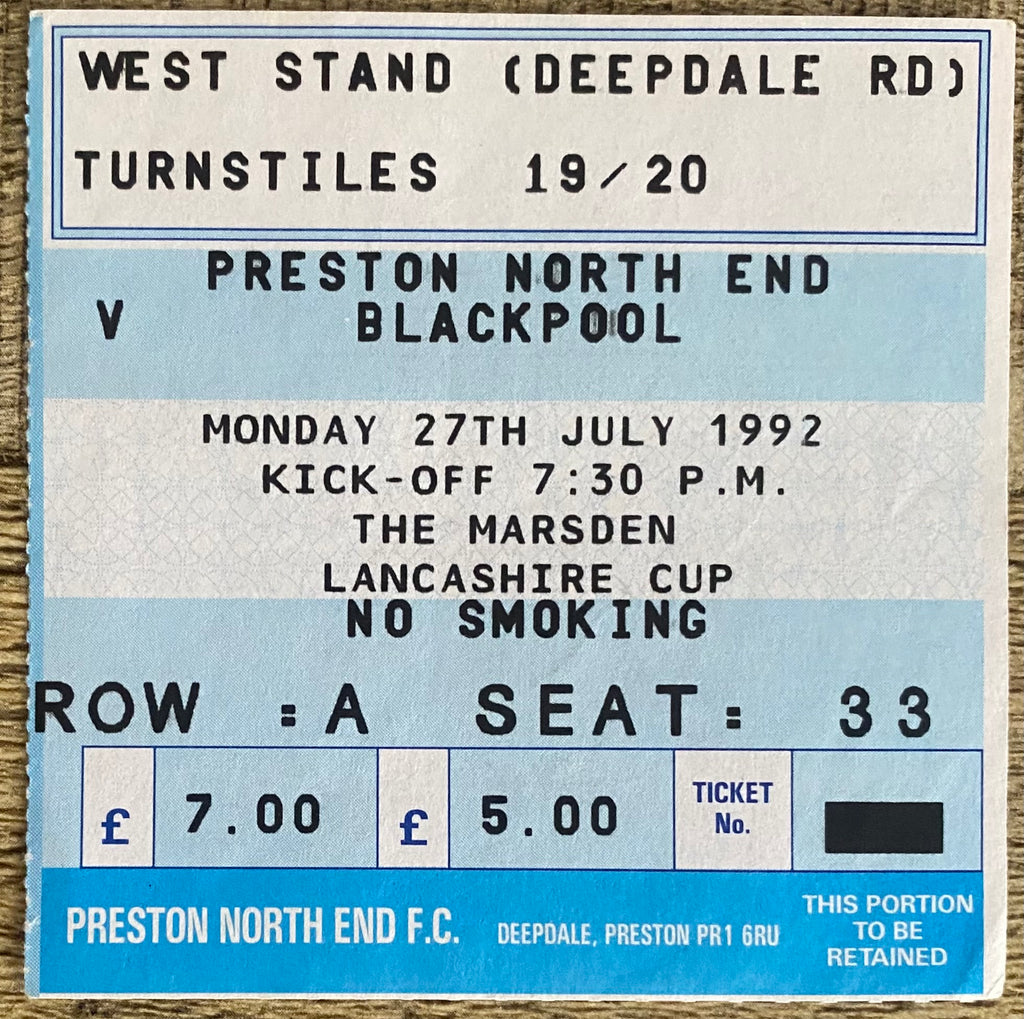 1992/93 ORIGINAL LANCASHIRE CUP TICKET PRESTON NORTH END V BLACKPOOL