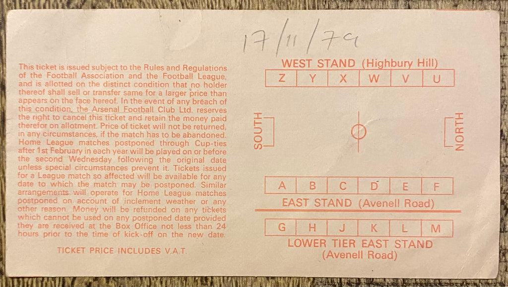 1979/80 ORIGINAL DIVISION ONE TICKET ARSENAL V EVERTON