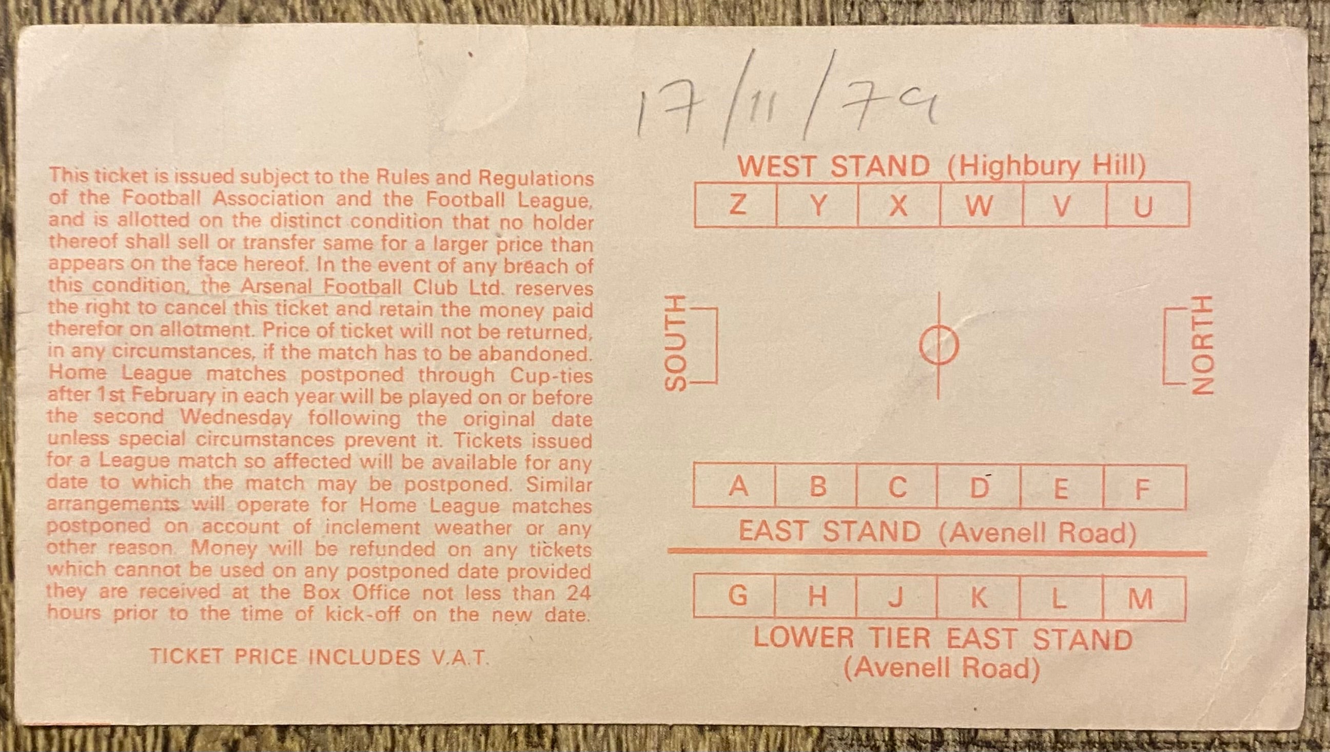 1979/80 ORIGINAL DIVISION ONE TICKET ARSENAL V EVERTON
