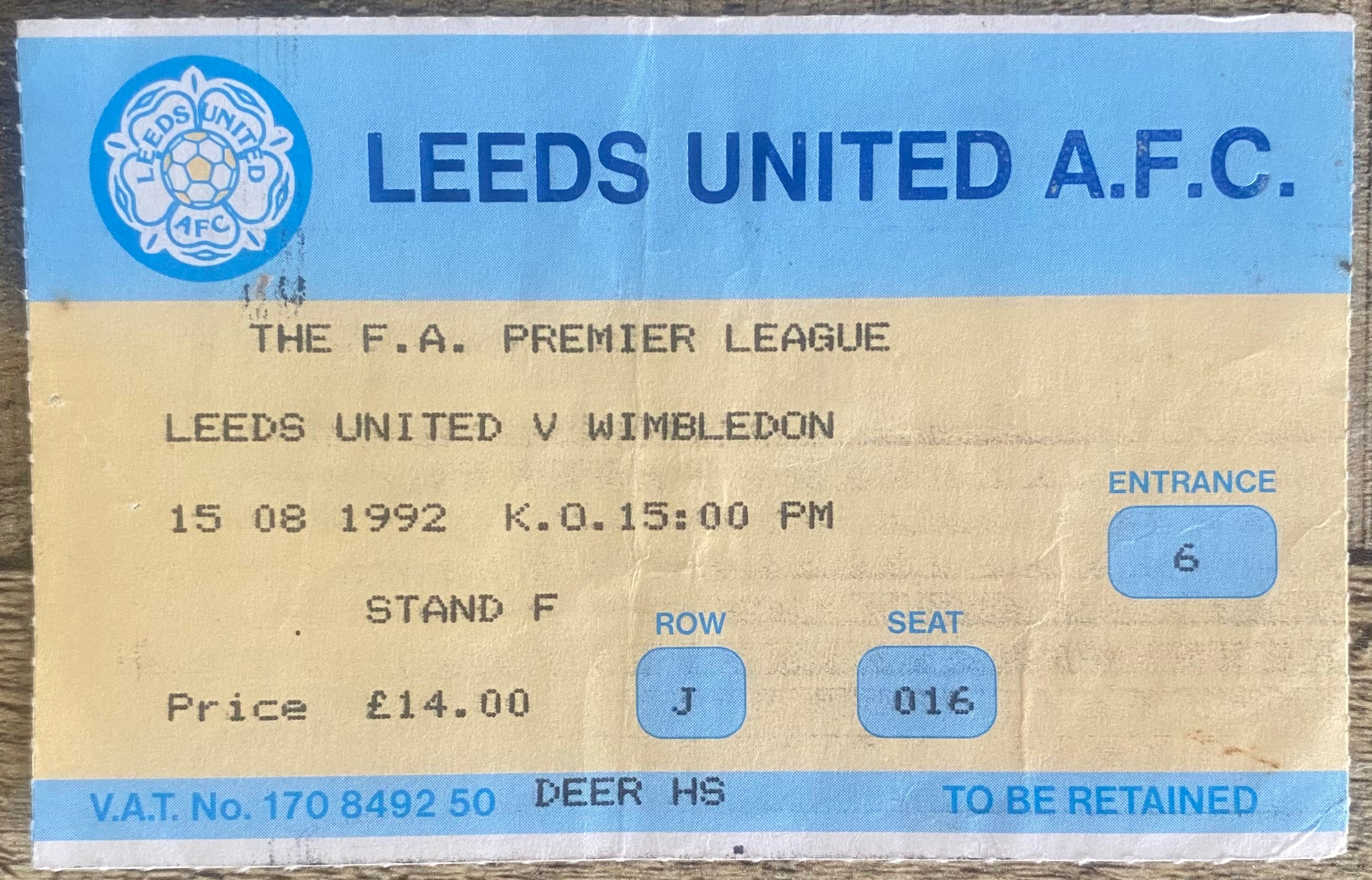 1992/93 ORIGINAL PREMIER LEAGUE TICKET LEEDS UNITED V WIMBLEDON