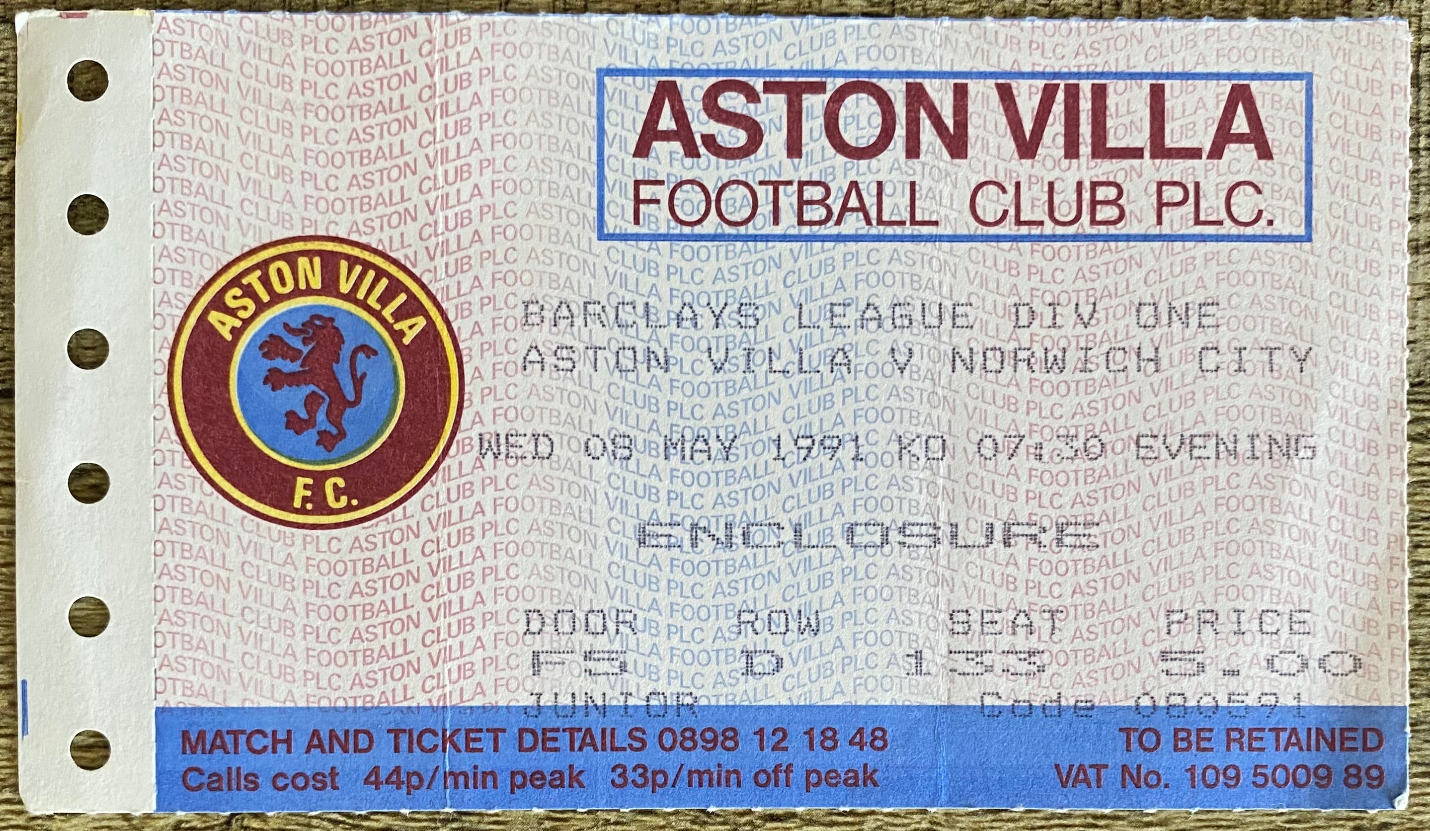 1990/91 ORIGINAL DIVISION 1 TICKET ASTON VILLA V NORWICH CITY