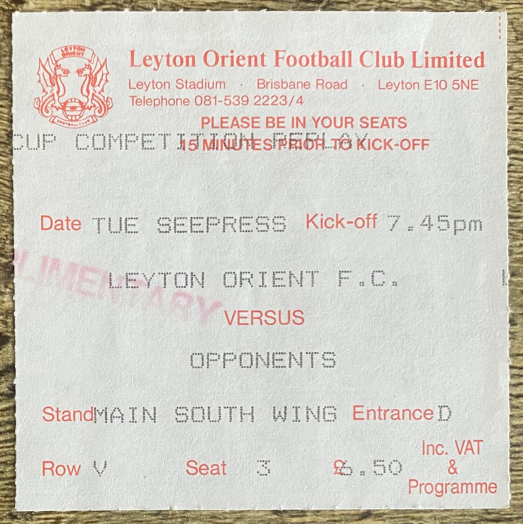 1990/91 ORIGINAL RUMBELOWS CUP 3RD ROUND REPLAY TICKET LEYTON ORIENT V CRYSTAL PALACE