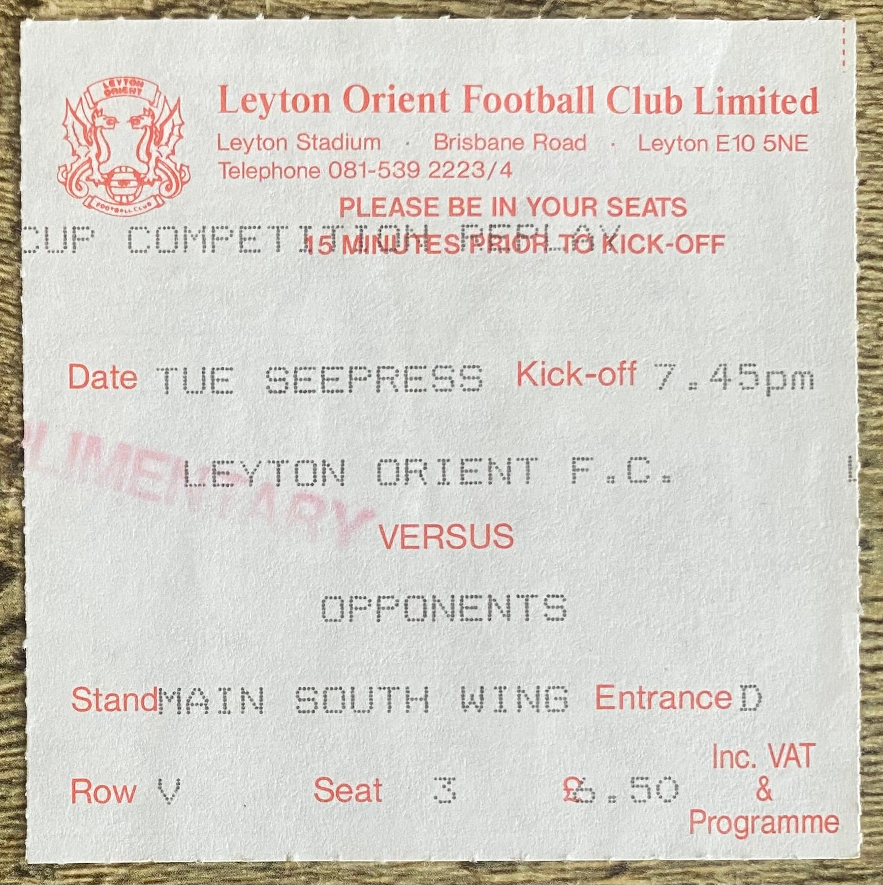 1990/91 ORIGINAL RUMBELOWS CUP 3RD ROUND REPLAY TICKET LEYTON ORIENT V CRYSTAL PALACE