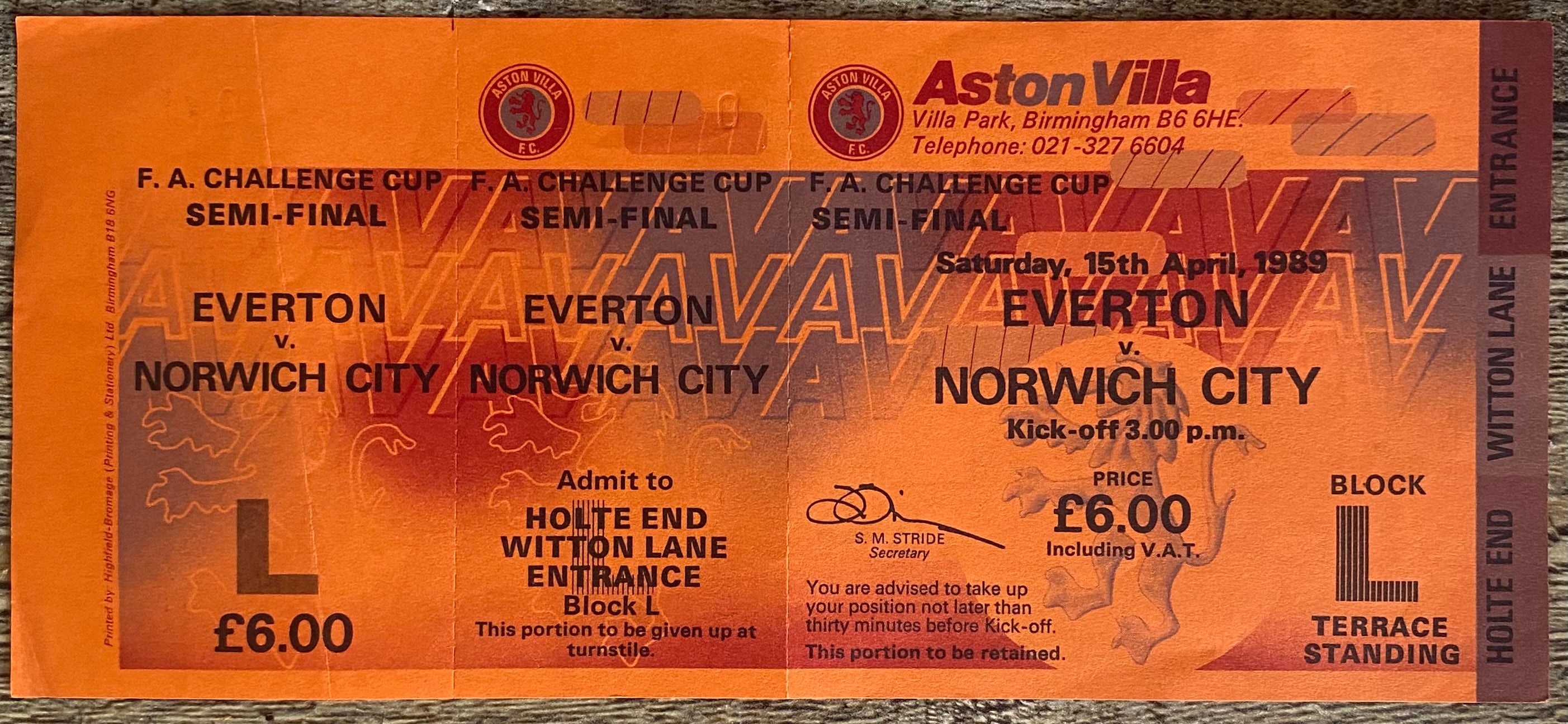 1989 ORIGINAL FA CUP SEMI FINAL UNISSUED TICKET EVERTON V NORWICH CITY