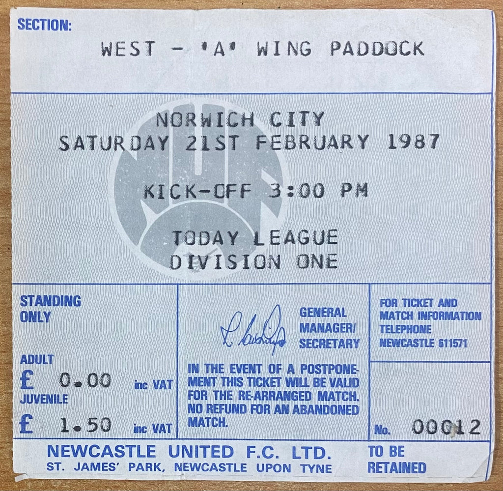 1986/87 ORIGINAL DIVISION 1 TICKET NEWCASTLE UNITED V NORWICH CITY
