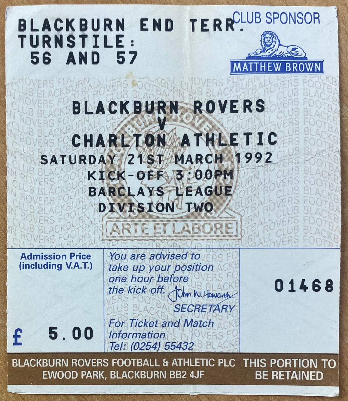 1991/92 ORIGINAL DIVISION 2 TICKET BLACKBURN ROVERS V CHARLTON ATHLETIC