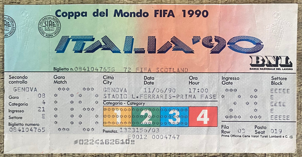 1990 ORIGINAL WORLD CUP 1ST ROUND UNUSED TICKET SCOTLAND V COSTA RICA @ GENOA