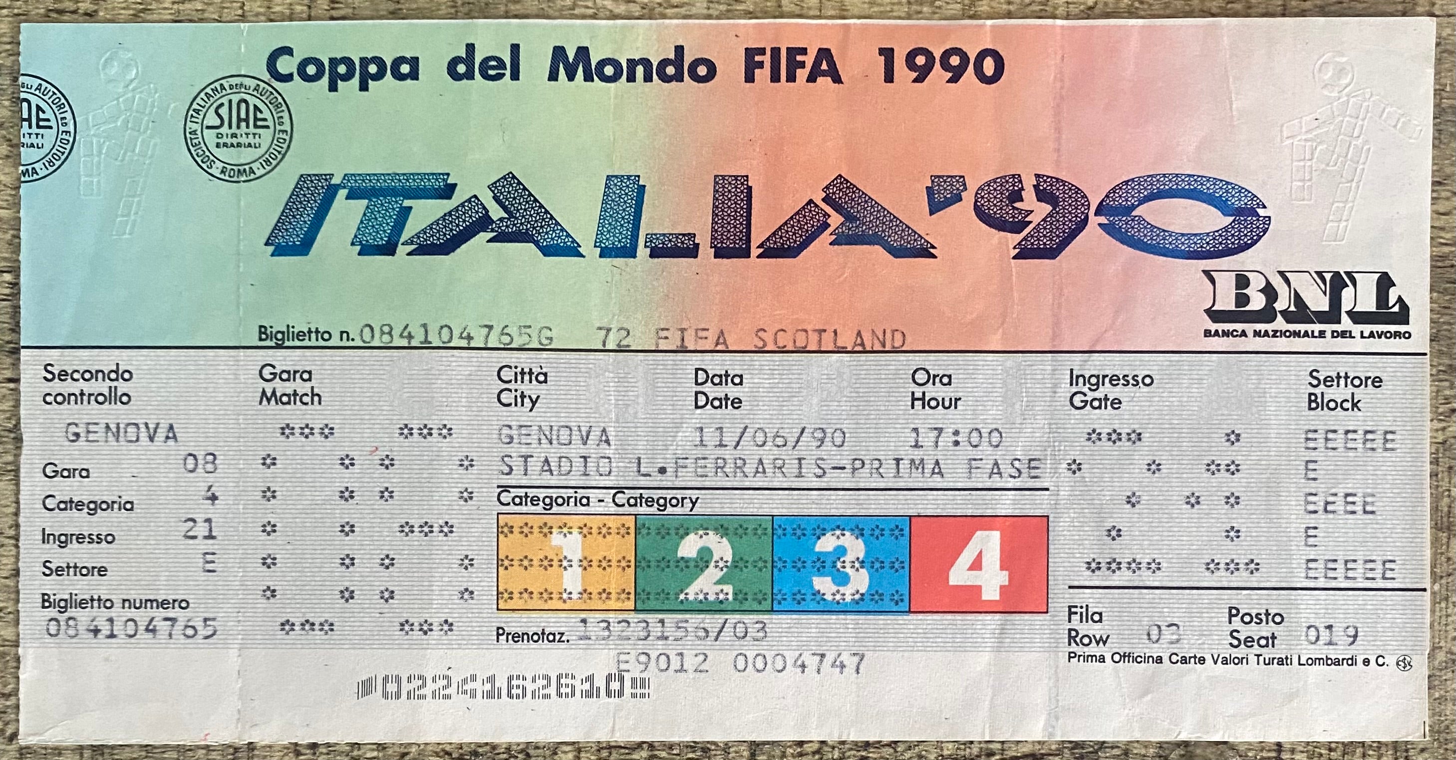 1990 ORIGINAL WORLD CUP 1ST ROUND UNUSED TICKET SCOTLAND V COSTA RICA @ GENOA