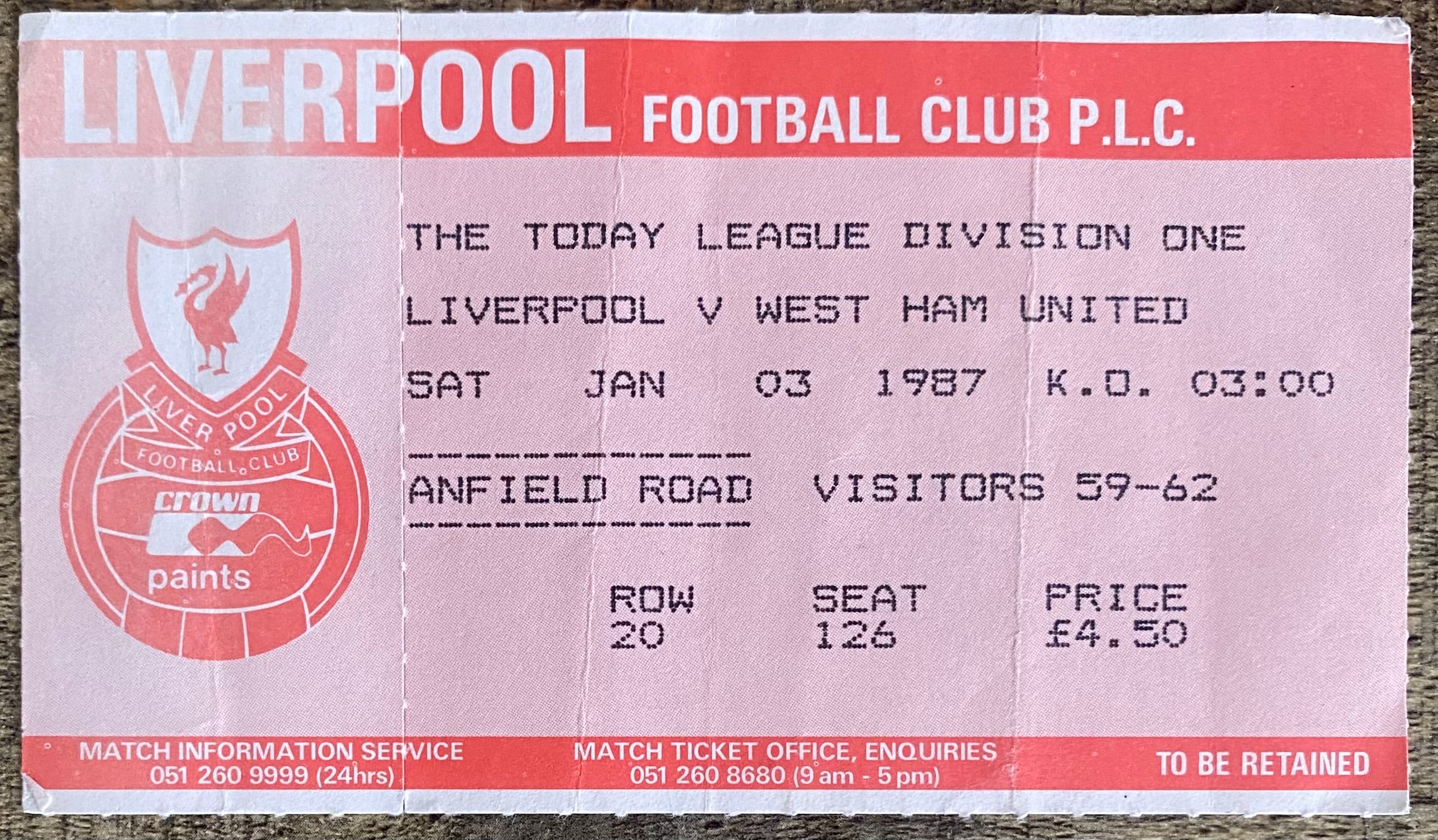 1986/87 ORIGINAL DIVISION ONE TICKET LIVERPOOL V WEST HAM UNITED