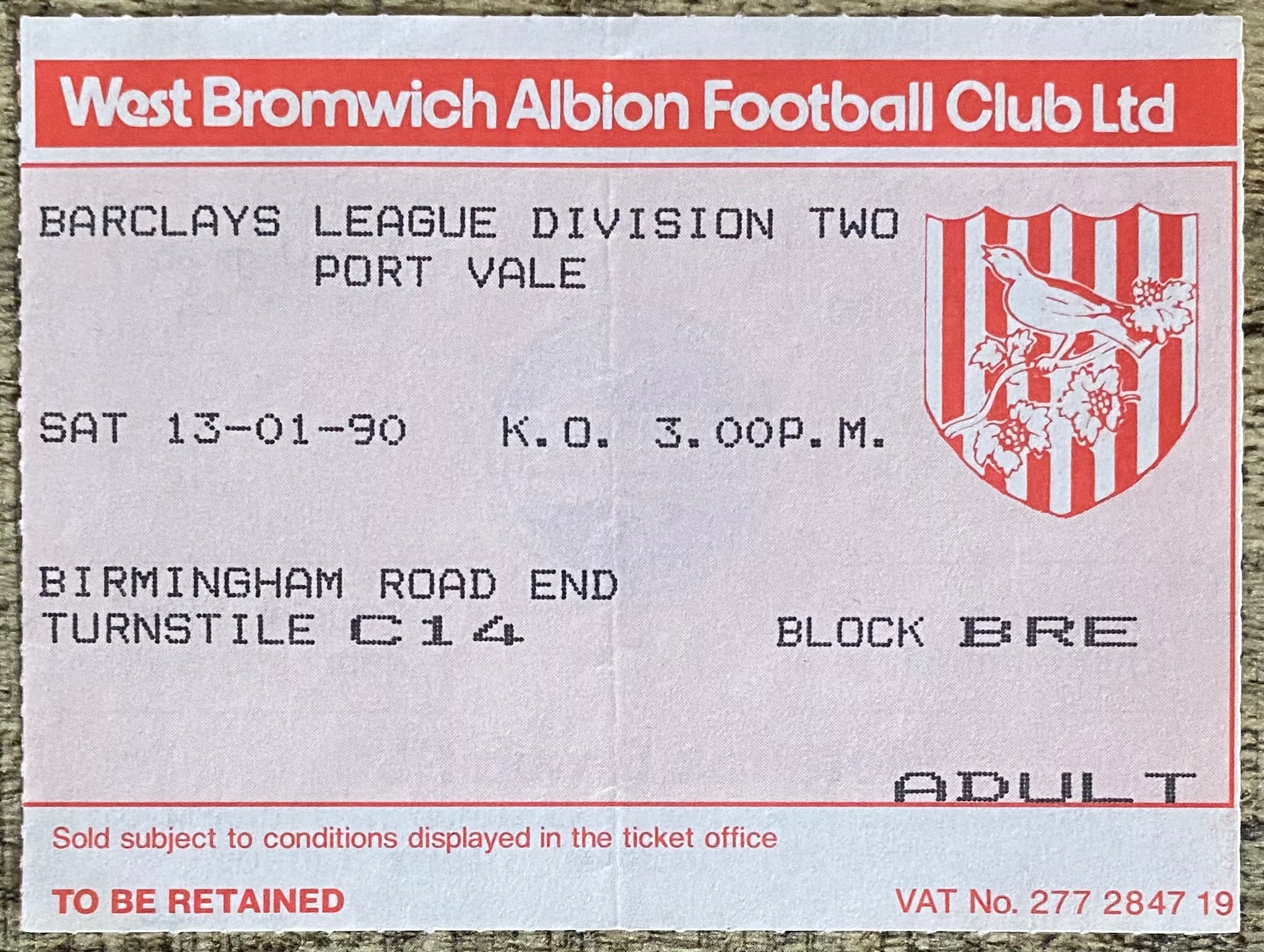 1989/90 ORIGINAL DIVISION 2 TICKET WEST BROMWICH ALBION V PORT VALE
