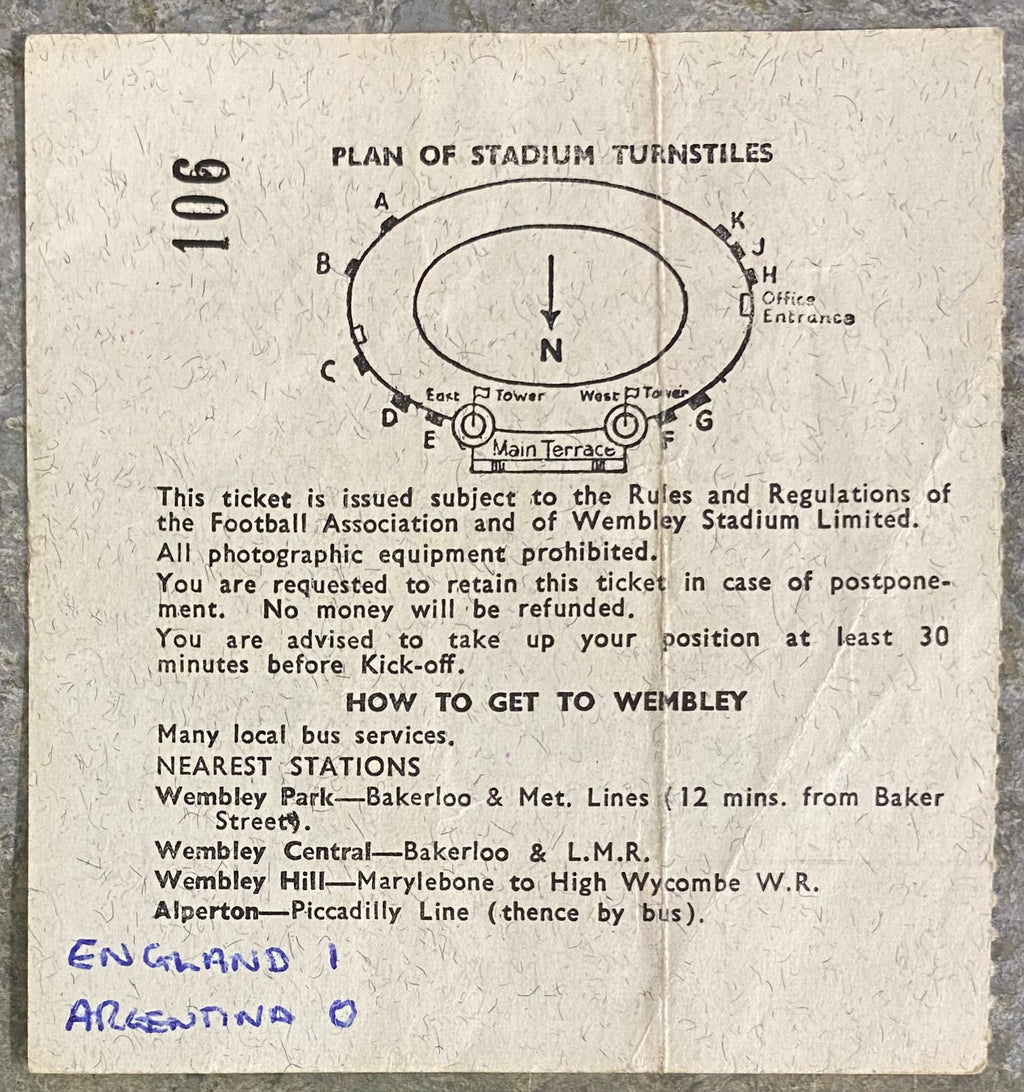 1966 ORIGINAL WORLD CUP QUARTER FINAL TICKET ENGLAND V ARGENTINA @ WEMBLEY