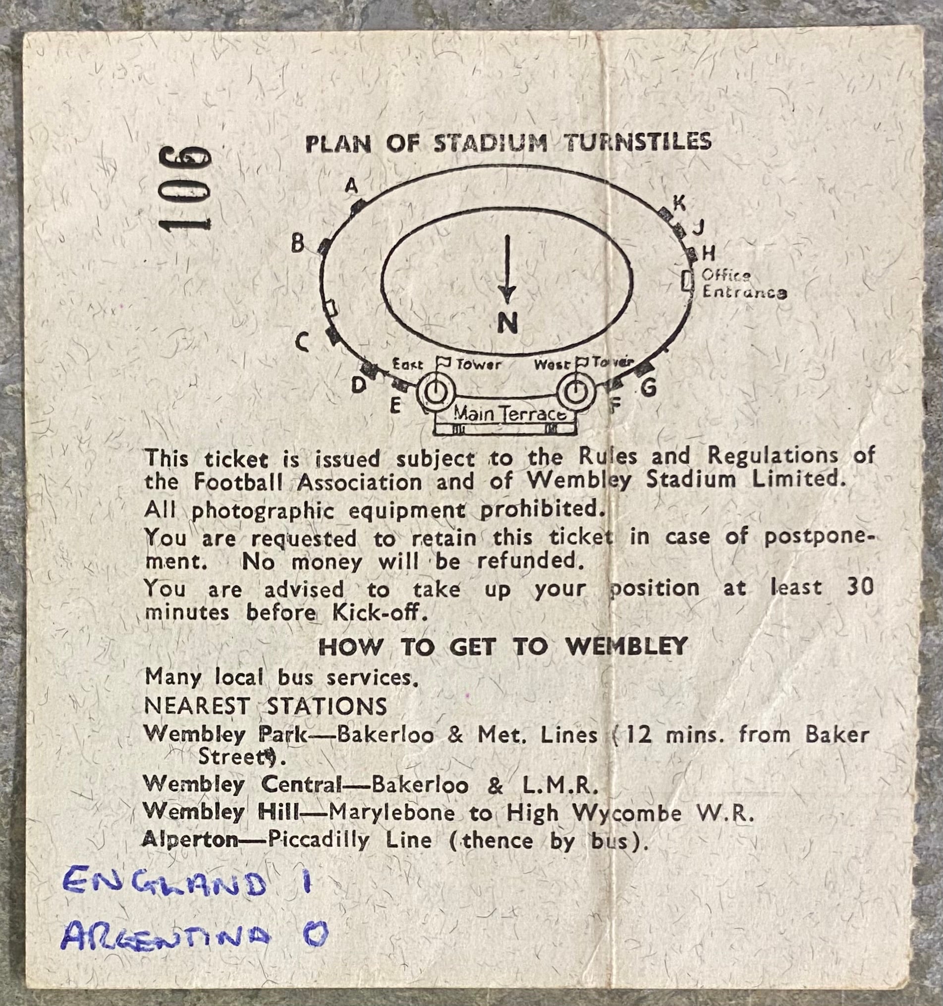 1966 ORIGINAL WORLD CUP QUARTER FINAL TICKET ENGLAND V ARGENTINA @ WEMBLEY