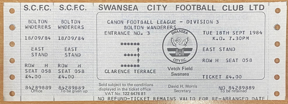 1984/85 ORIGINAL DIVISION 3 UNUSED TICKET SWANSEA CITY V BOLTON WANDERERS
