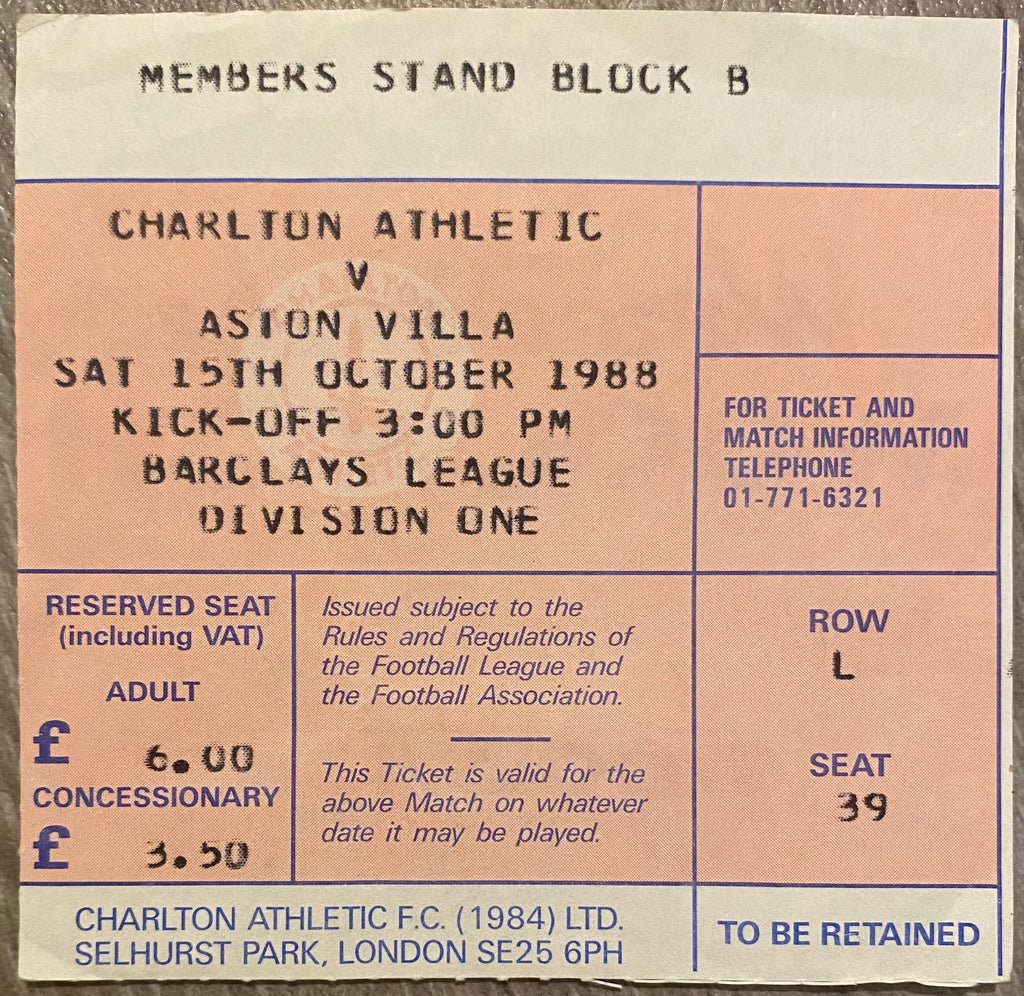 1988/89 ORIGINAL DIVISION ONE TICKET CHARLTON ATHLETIC V ASTON VILLA