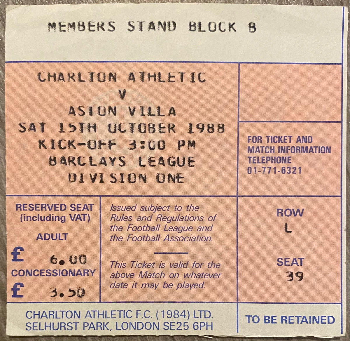 1988/89 ORIGINAL DIVISION ONE TICKET CHARLTON ATHLETIC V ASTON VILLA