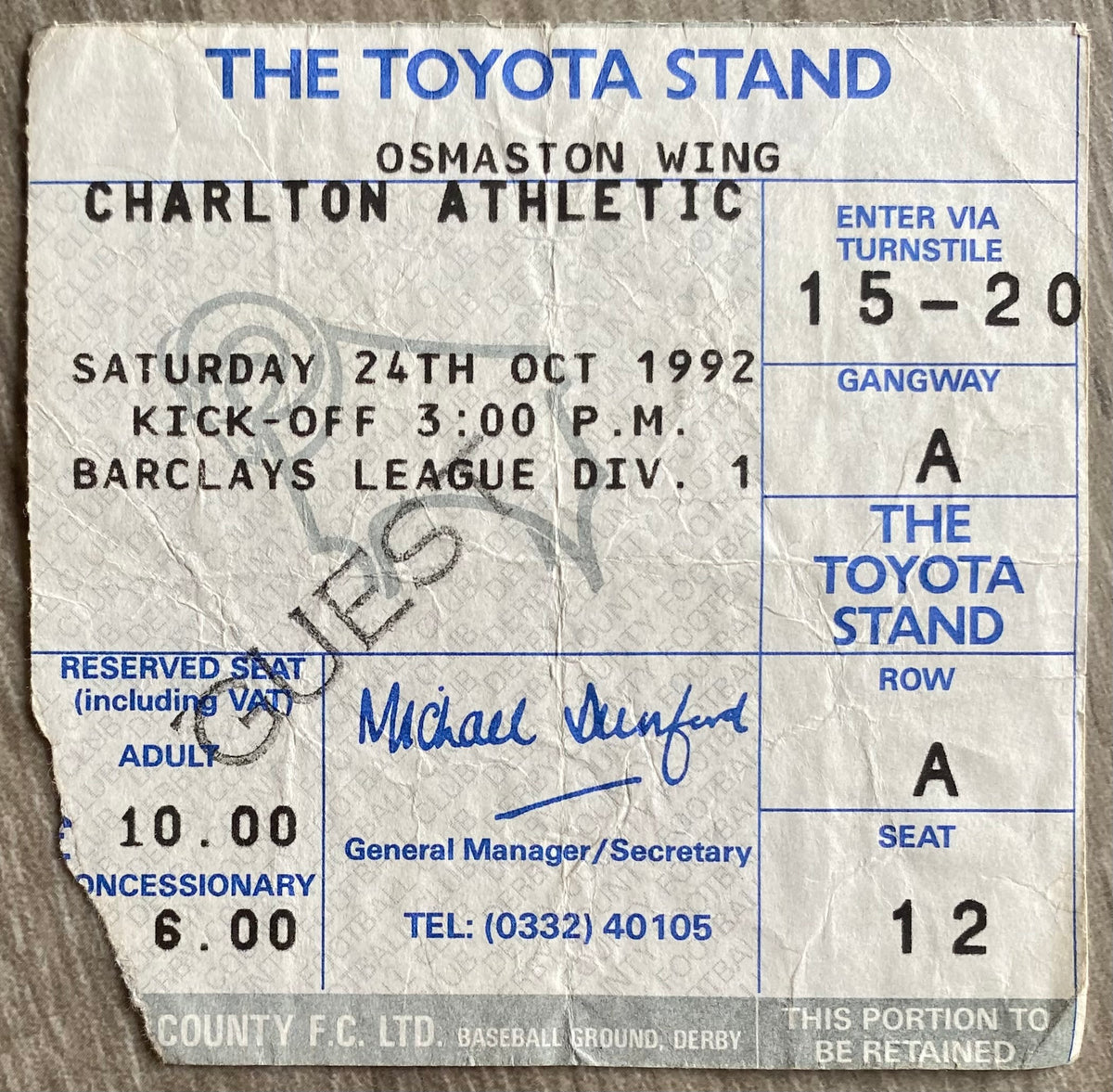 1992/93 ORIGINAL DIVISION 1 TICKET DERBY COUNTY V CHARLTON ATHLETIC