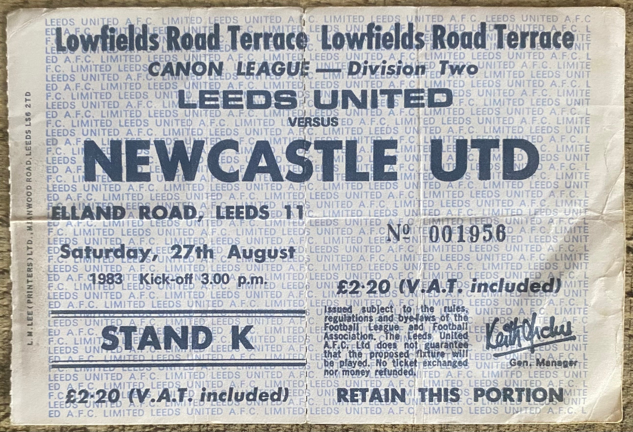 1983/84 ORIGINAL DIVISION 2 UNUSED TICKET LEEDS UNITED V NEWCASTLE UNITED