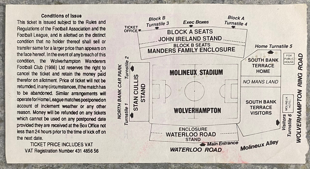 1992/93 ORIGINAL DIVISION 1 TICKET WOLVERHAMPTON WANDERERS V SUNDERLAND