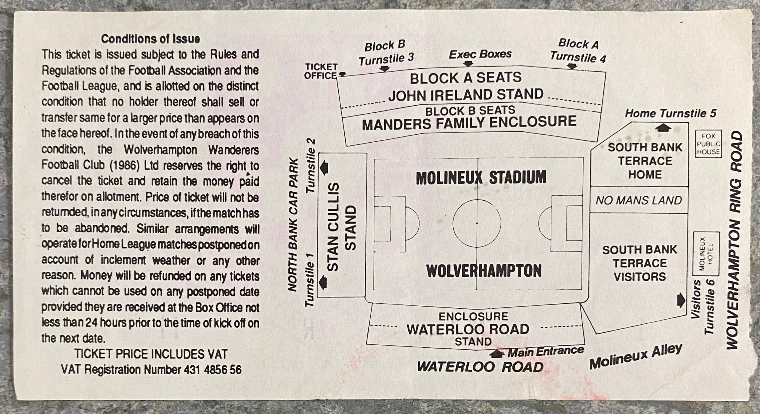 1992/93 ORIGINAL DIVISION 1 TICKET WOLVERHAMPTON WANDERERS V SUNDERLAND