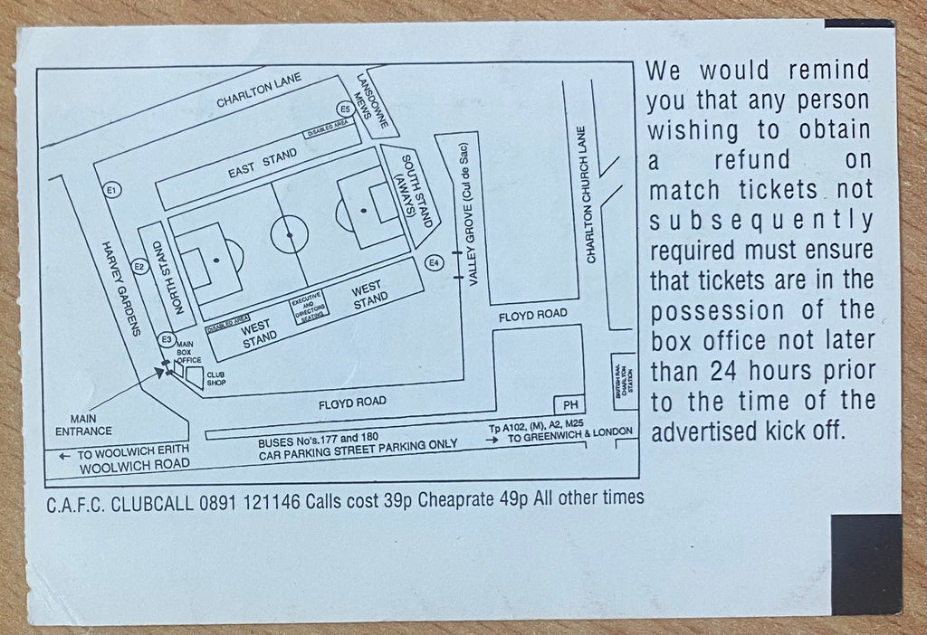 1994/95 ORIGINAL DIVISION 1 TICKET CHARLTON ATHLETIC V BRISTOL CITY
