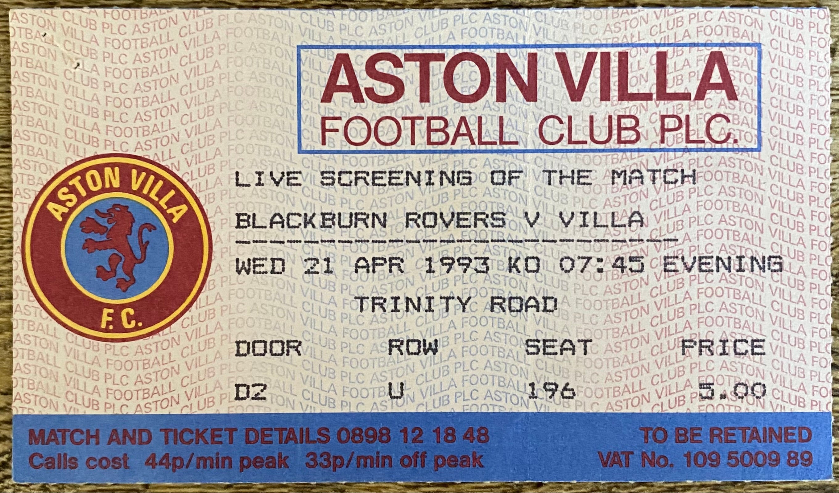 1992/93 ORIGINAL PREMIER LEAGUE TICKET BLACKBURN ROVERS V ASTON VILLA (LIVE SCREENING)