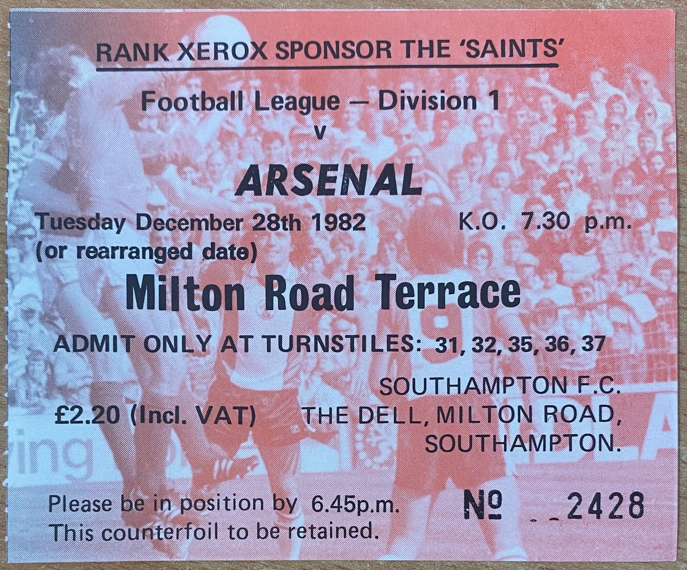 1982/83 ORIGINAL DIVISION ONE TICKET SOUTHAMPTON V ARSENAL