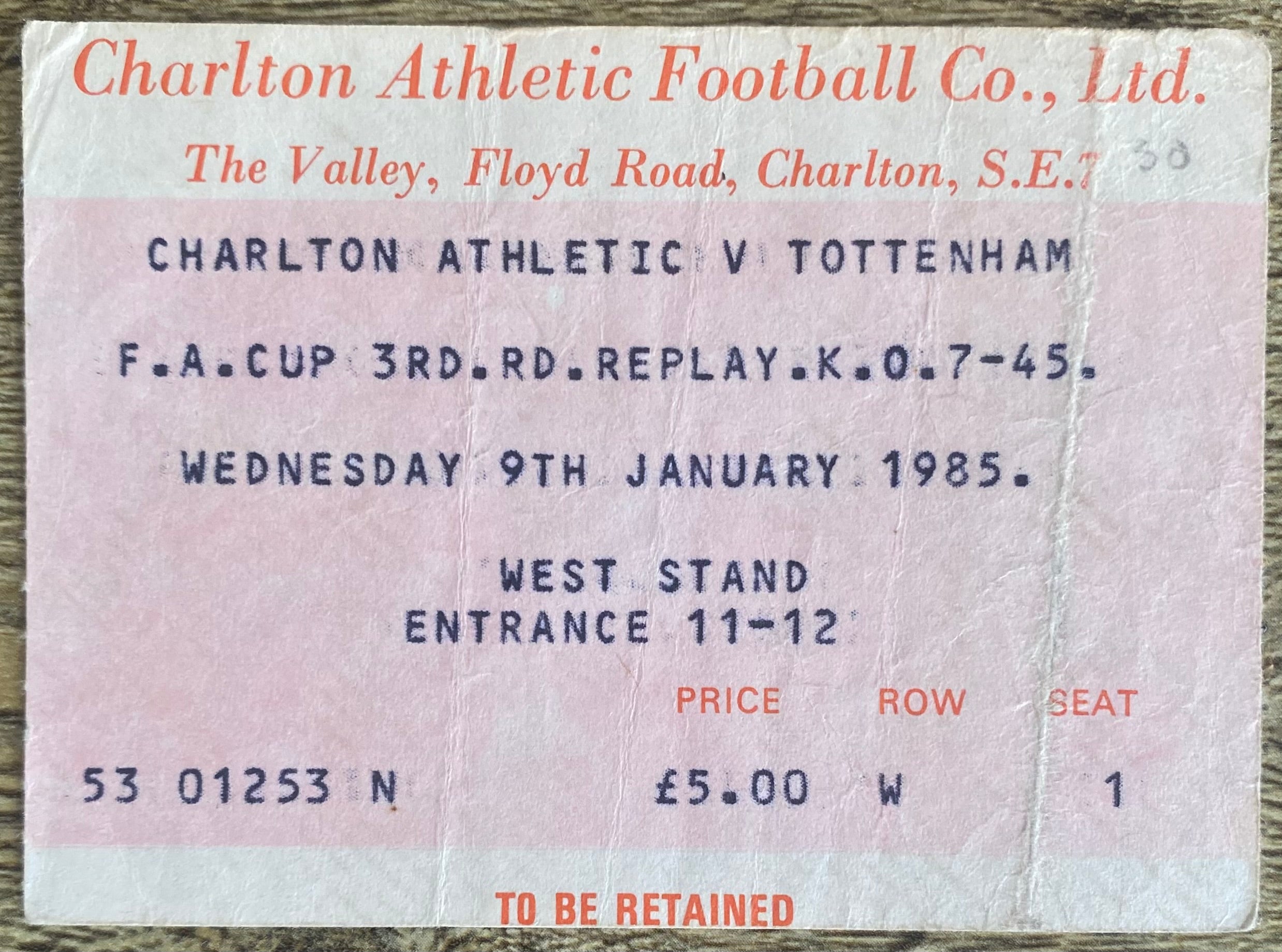 1984/85 ORIGINAL FA CUP 3RD ROUND REPLAY TICKET CHARLTON ATHLETIC V TOTTENHAM HOTSPUR