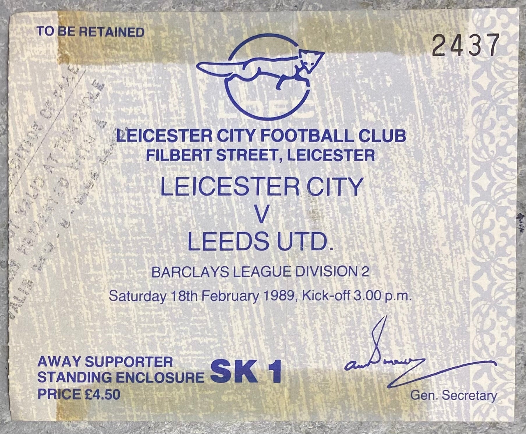 1988/89 ORIGINAL DIVISION TWO TICKET LEICESTER CITY  V LEEDS UNITED