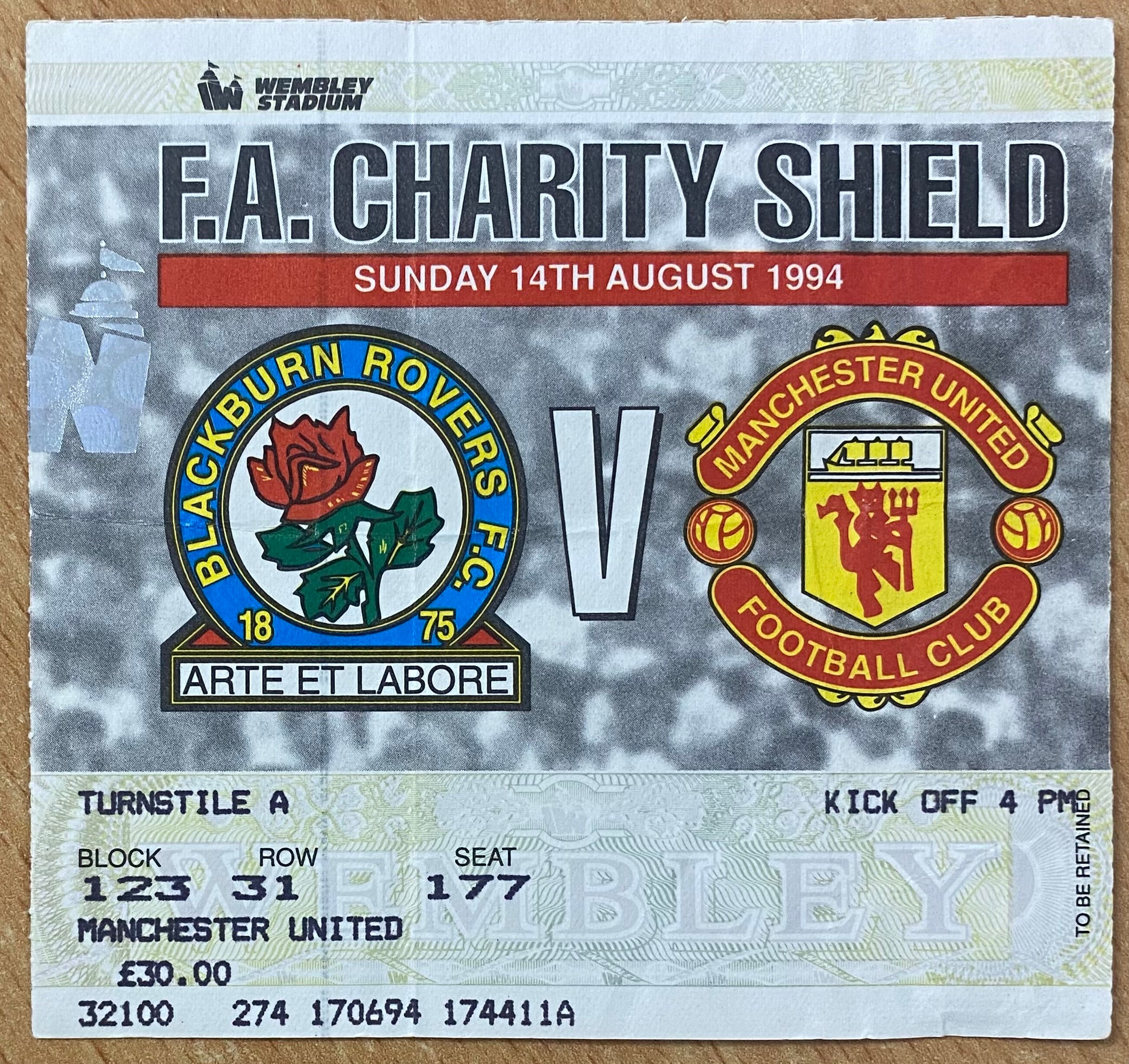1994 ORIGINAL CHARITY SHIELD TICKET BLACKBURN ROVERS V MANCHESTER UNITED