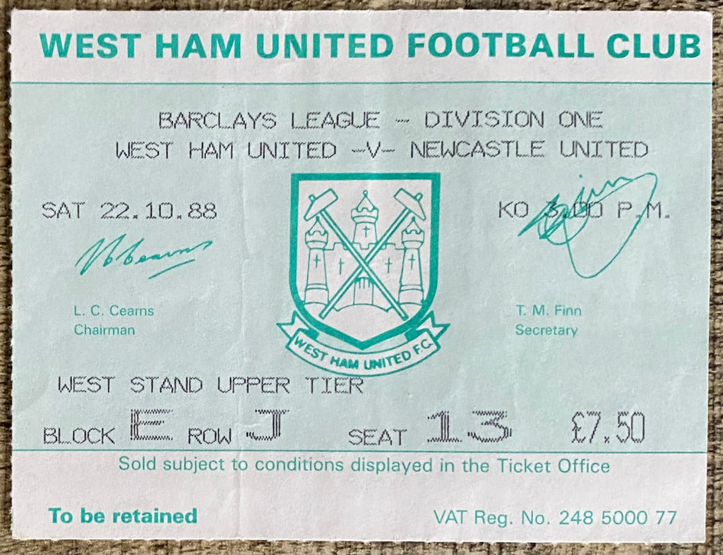 1988/89 ORIGINAL DIVISION ONE TICKET WEST HAM UNITED V NEWCASTLE UNITED