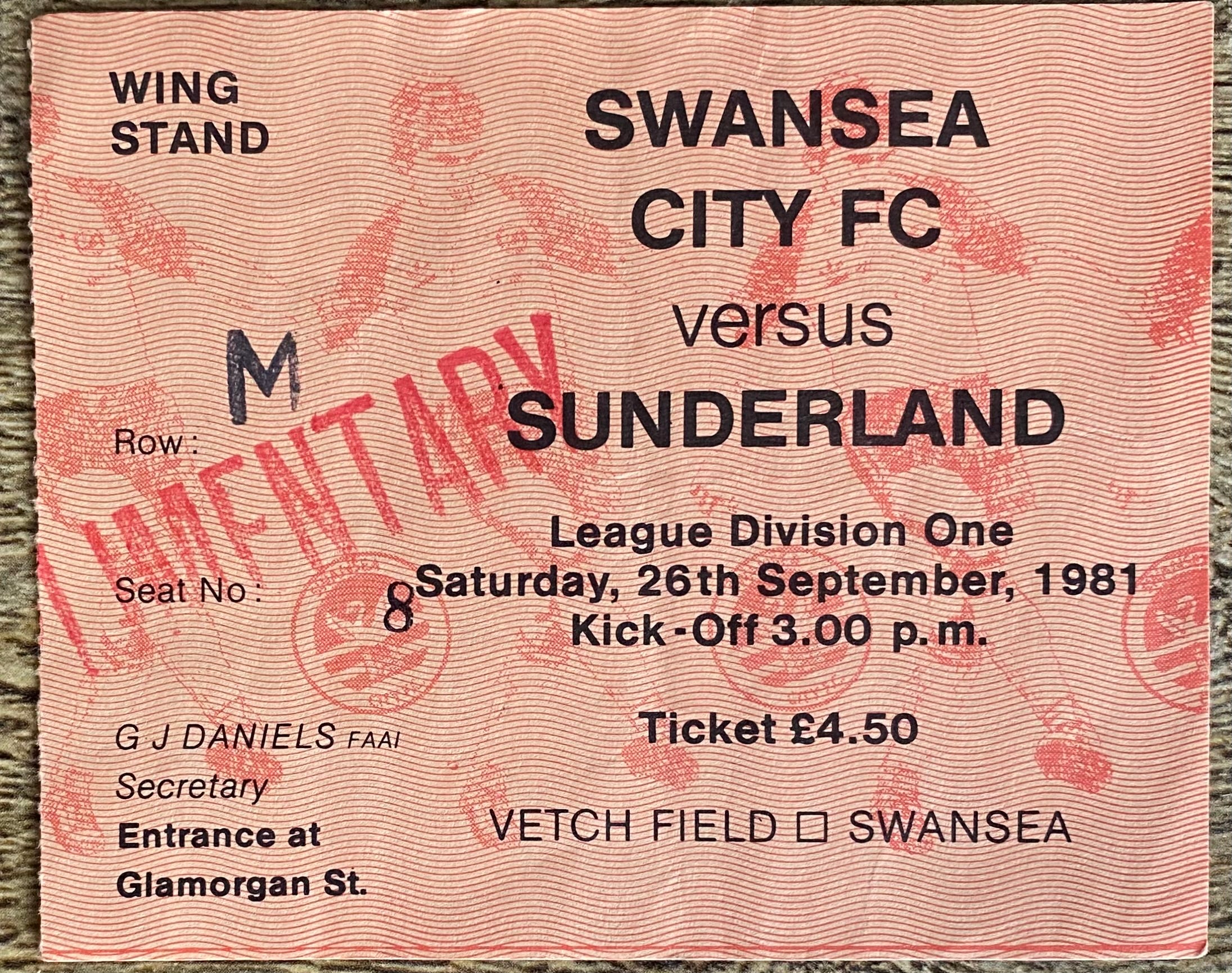 1981/82 ORIGINAL DIVISION 1 TICKET SWANSEA CITY V SUNDERLAND