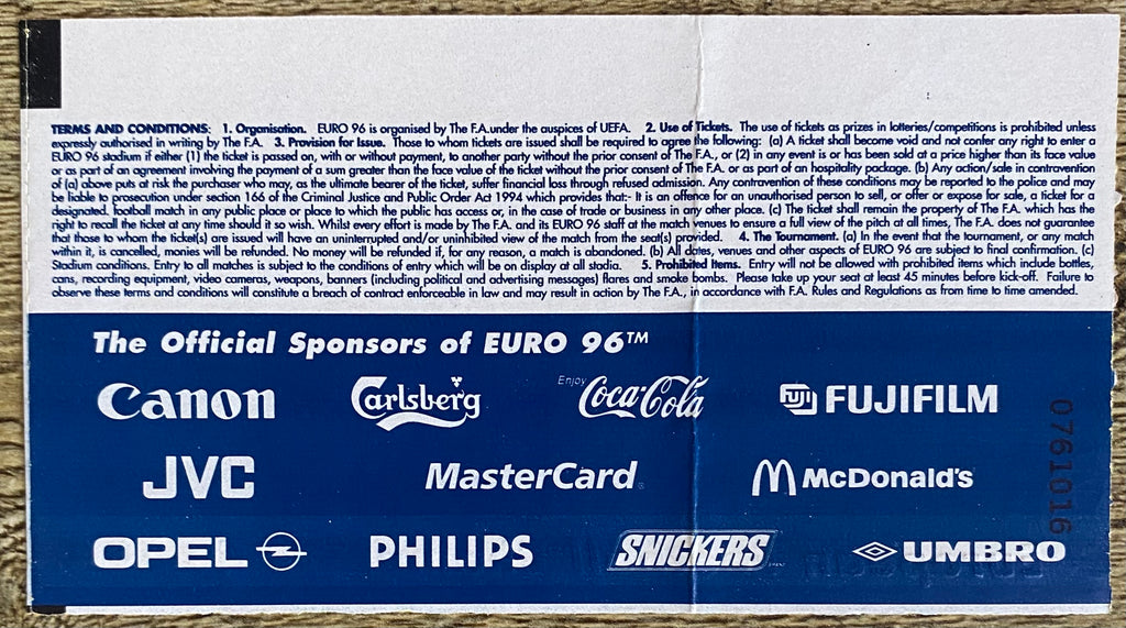 1996 ORIGINAL EUROPEAN CHAMPIONSHIPS EURO 96 QUARTER FINAL TICKET ENGLAND V SPAIN @ WEMBLEY