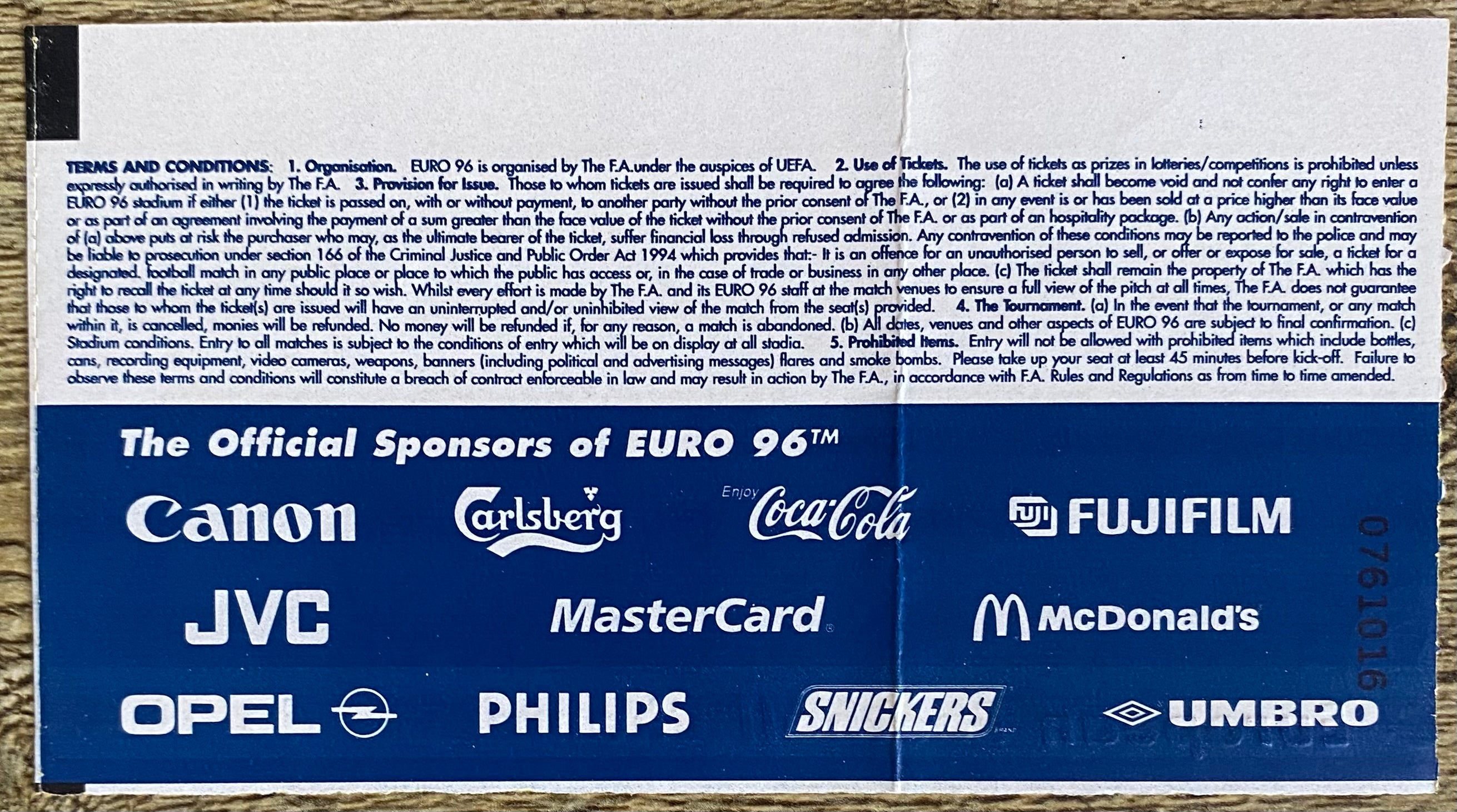 1996 ORIGINAL EUROPEAN CHAMPIONSHIPS EURO 96 QUARTER FINAL TICKET ENGLAND V SPAIN @ WEMBLEY