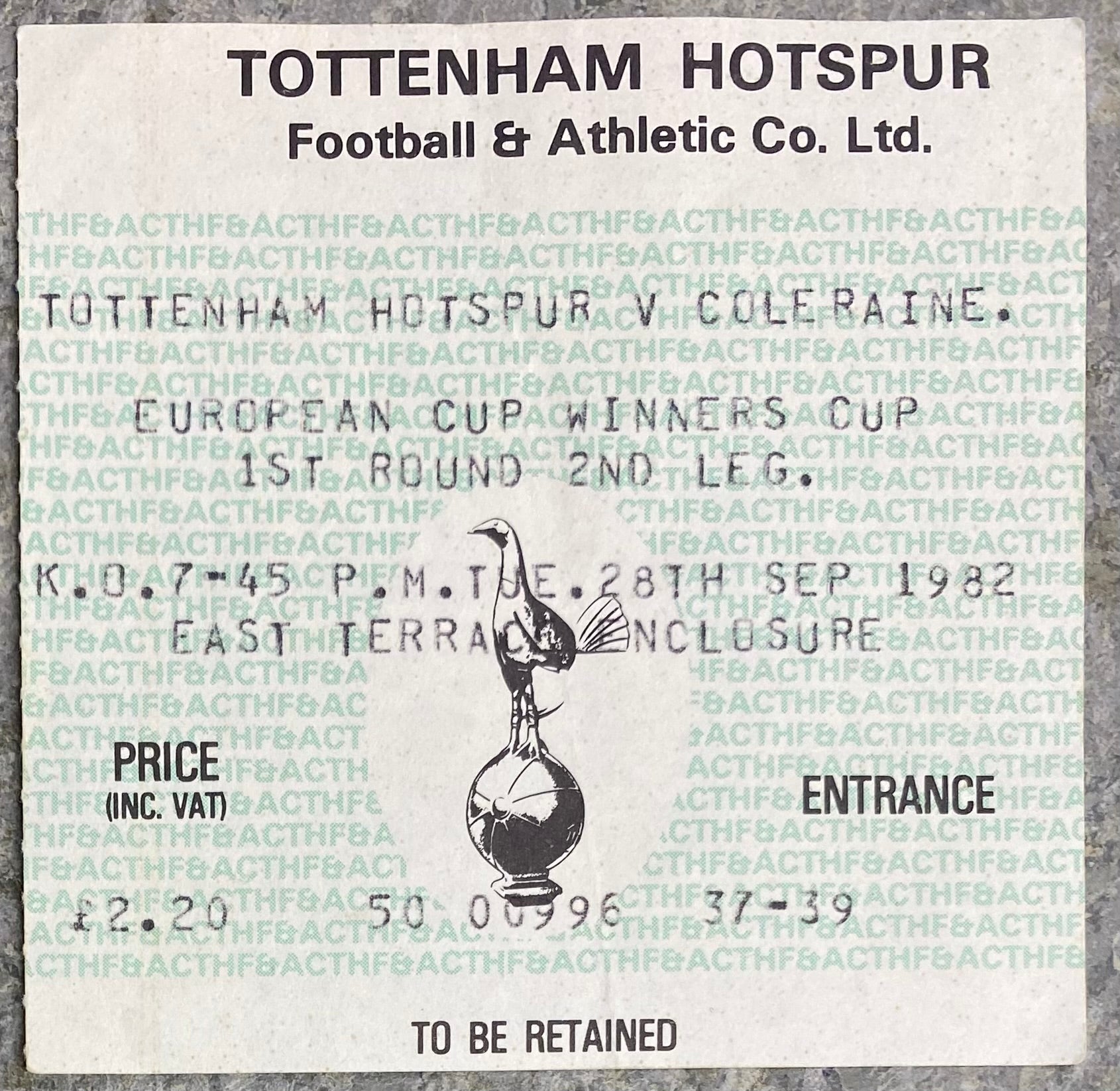 1982/83 ORIGINAL EUROPEAN CUP WINNERS CUP 1ST ROUND 2ND LEG TICKET TOTTENHAM HOTSPUR V COLRAINE