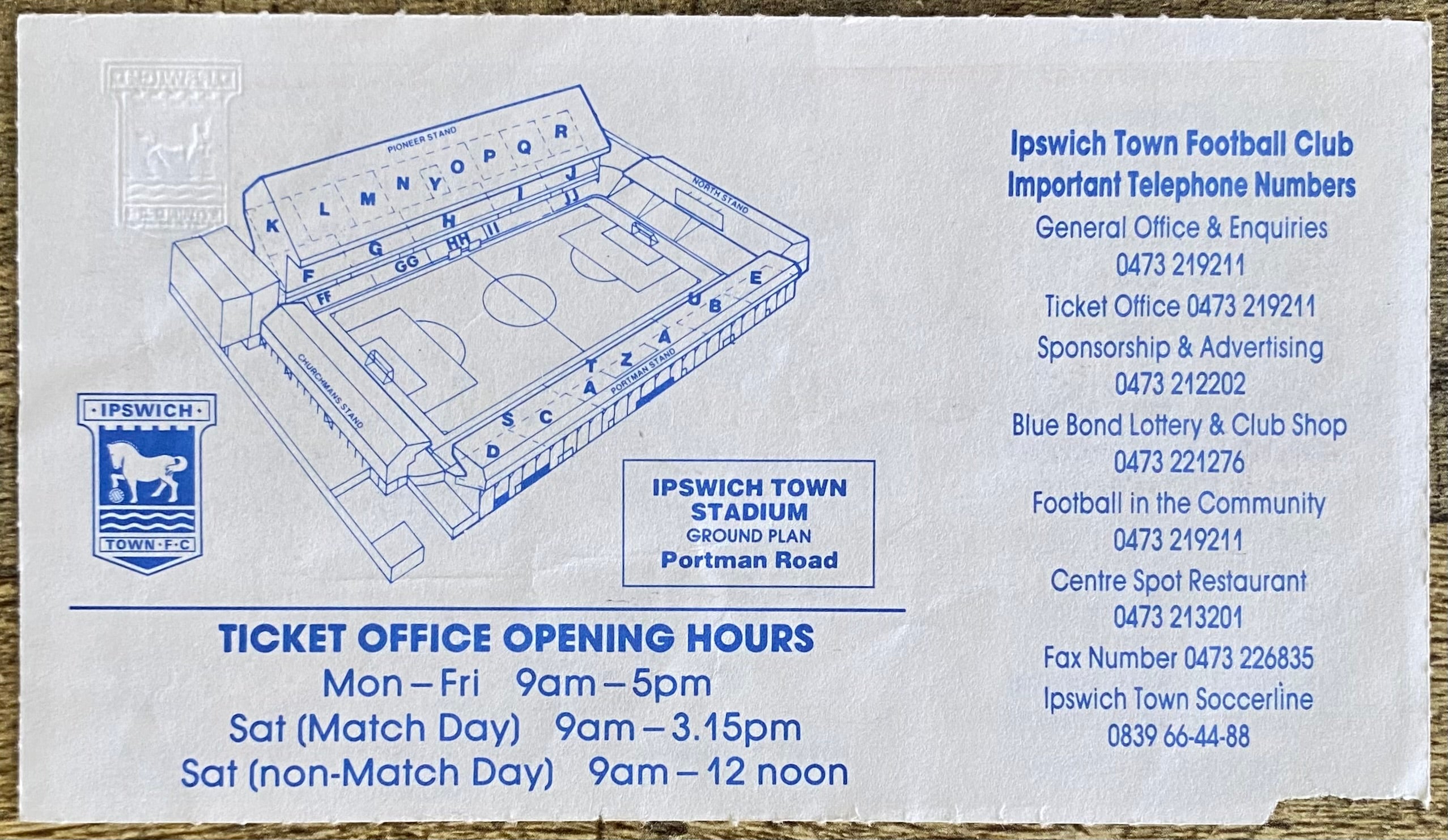 1992/93 ORIGINAL PREMIER LEAGUE TICKET IPSWICH TOWN V LEEDS UNITED