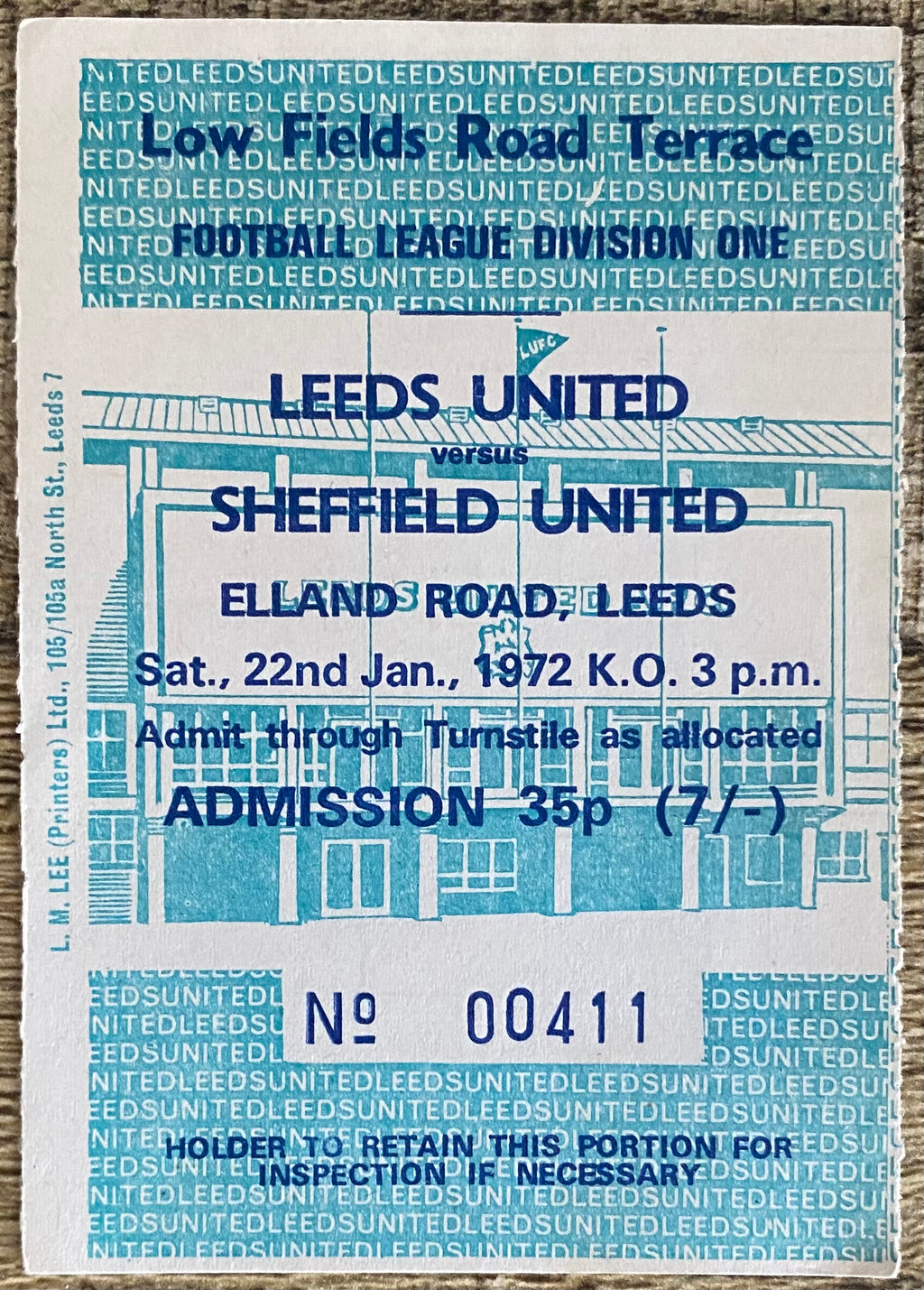 1971/72 ORIGINAL DIVISION ONE TICKET LEEDS UNITED V SHEFFIELD UNITED