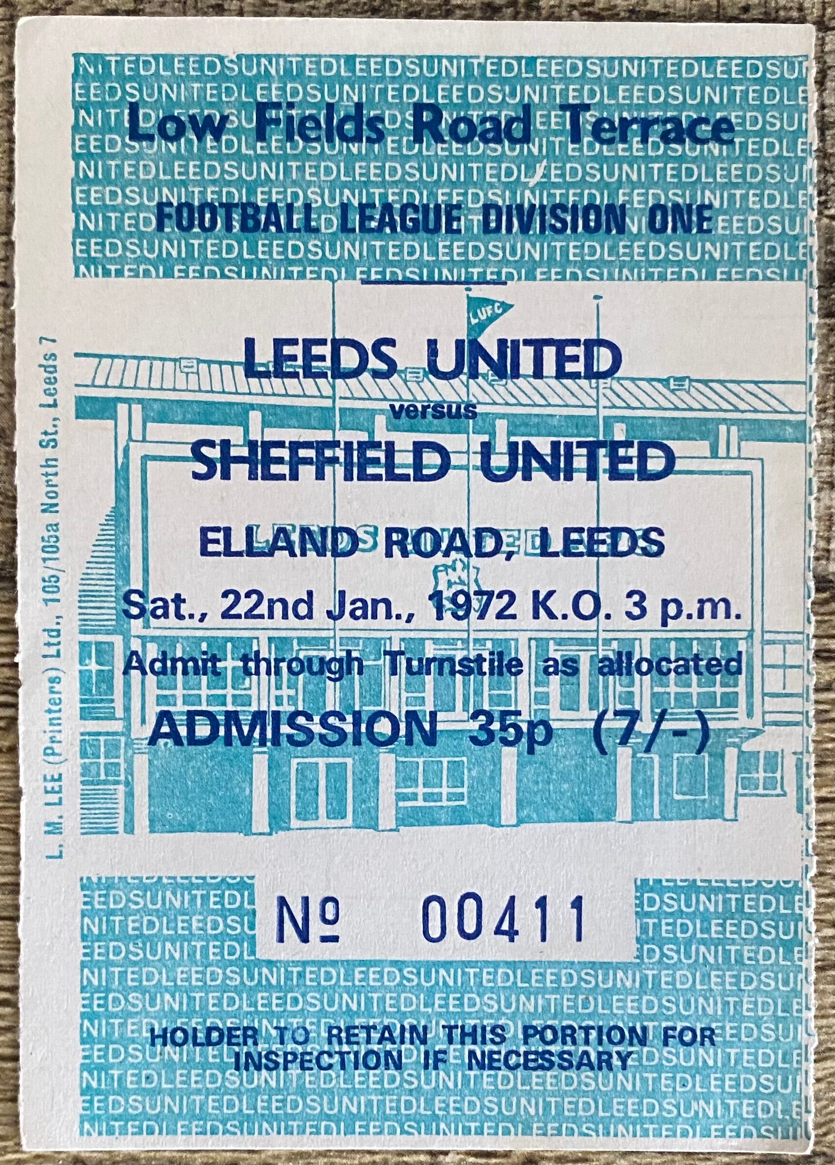1971/72 ORIGINAL DIVISION ONE TICKET LEEDS UNITED V SHEFFIELD UNITED