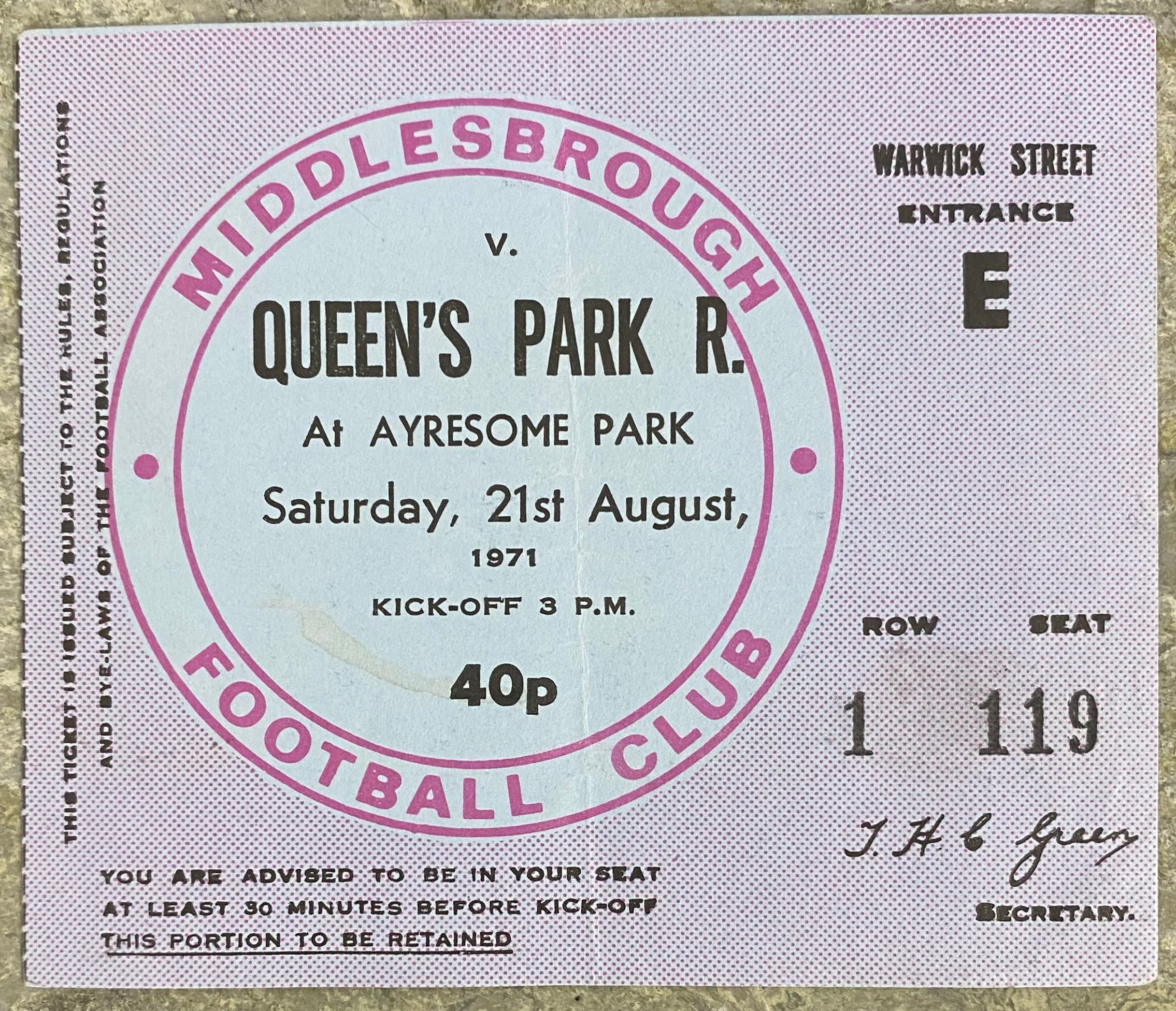 1971/72 ORIGINAL DIVISION 2 TICKET MIDDLESBROUGH V QUEENS PARK RANGERS