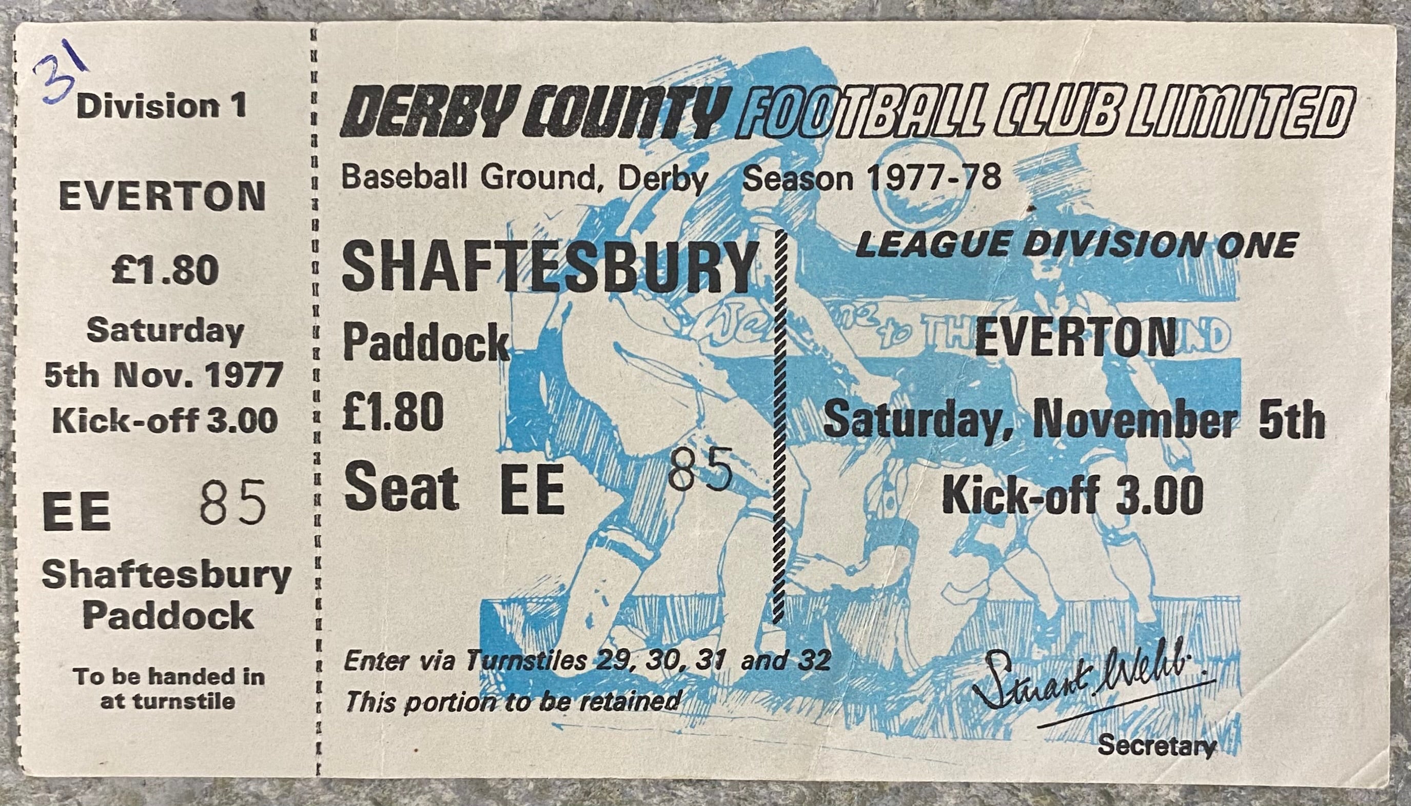 1977/78 ORIGINAL DIVISION 1 UNUSED TICKET DERBY COUNTY V EVERTON