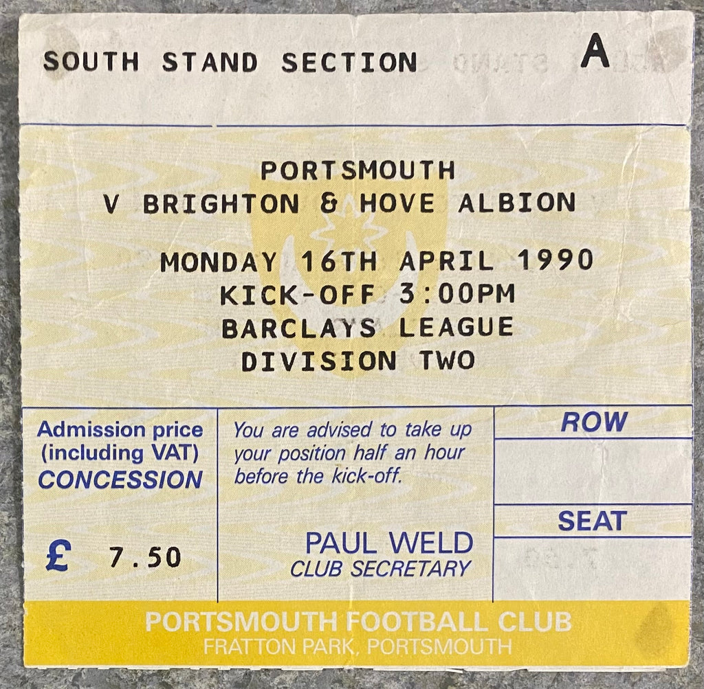 1989/90 ORIGINAL DIVISION 1 TICKET PORTSMOUTH V BRIGHTON AND HOVE ALBION