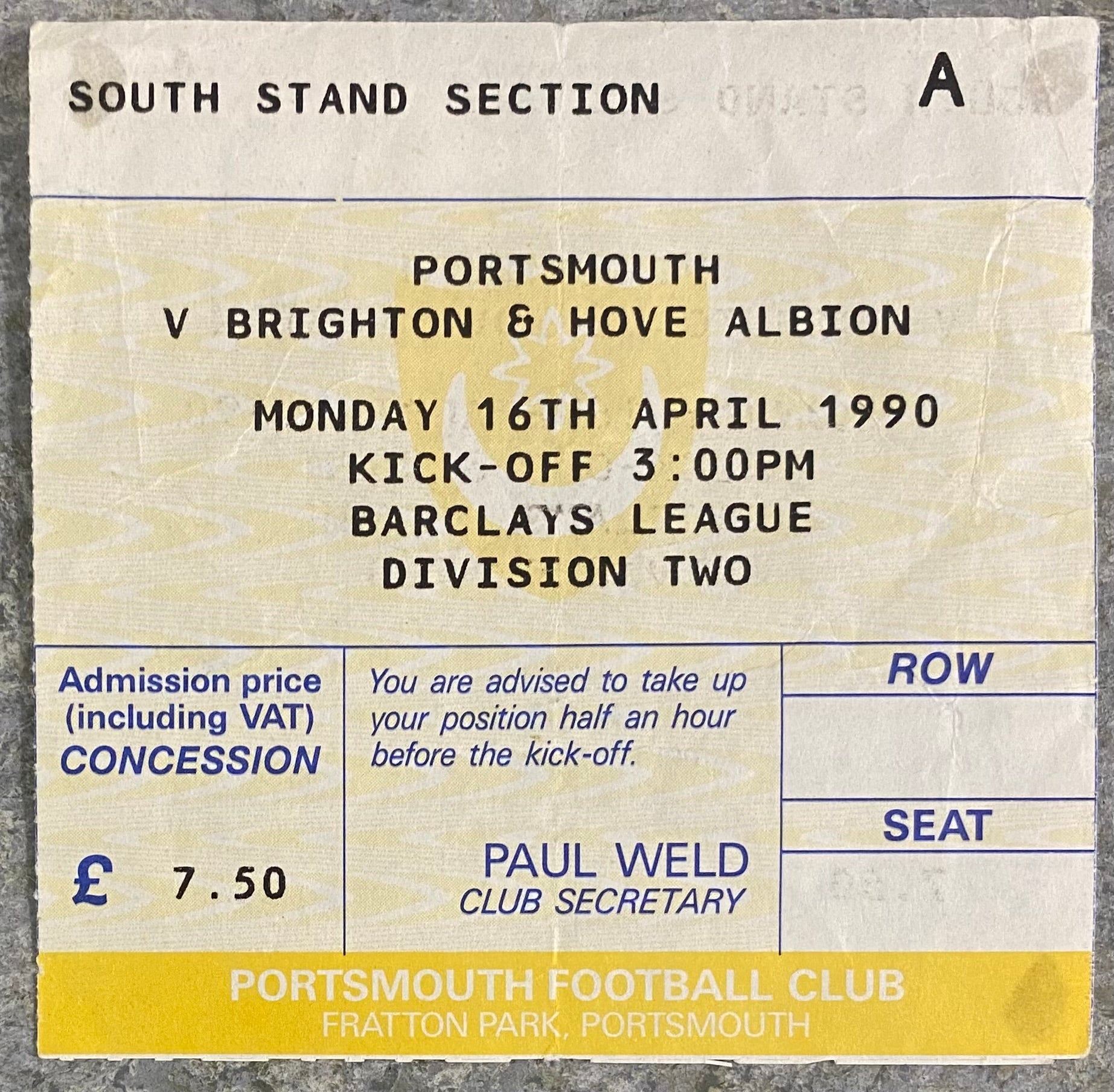 1989/90 ORIGINAL DIVISION 1 TICKET PORTSMOUTH V BRIGHTON AND HOVE ALBION