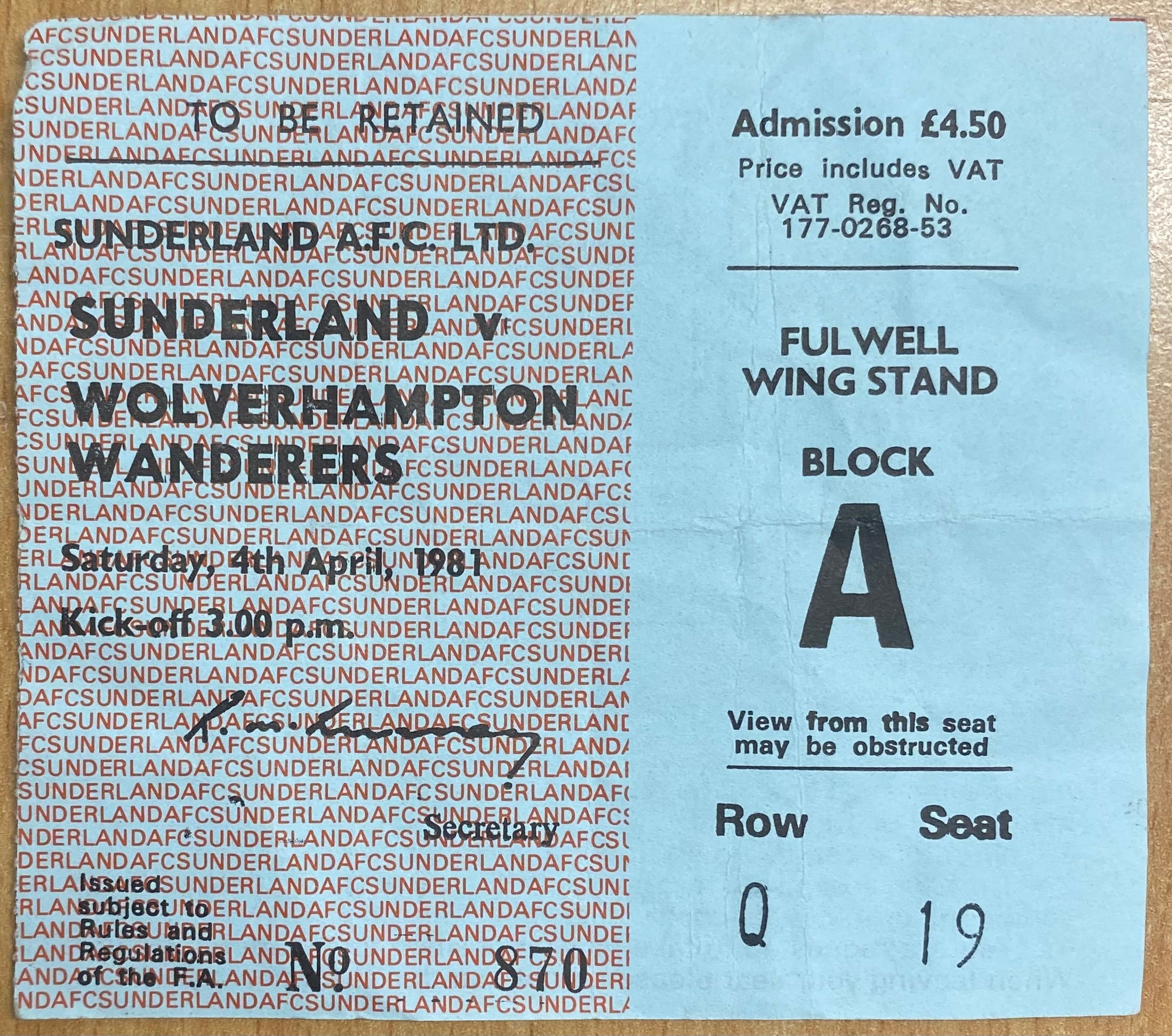 1980/81 ORIGINAL DIVISION 1 TICKET SUNDERLAND V WOLVERHAMPTON WANDERERS